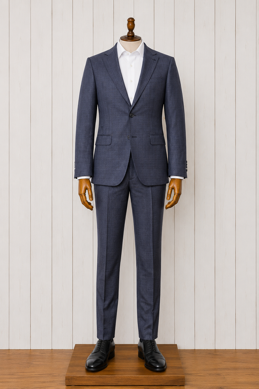 English Laundry Peak Lapel Grey, Purple and Navy Windowpane Slim Fit Suit