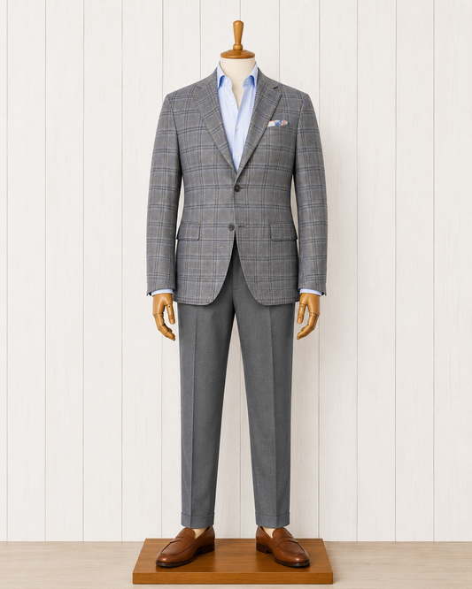 The Total Gentleman Classic Fit Featuring Marlane Fabric Taupe Blue and Grey Windowpane Sport Coat