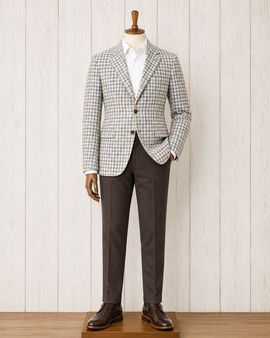 Albert and Walter's Off White, Brown and Turquois Check Linen, Silk and Cotton Blend Notch Lapel Classic Fit Sport Coat on sale