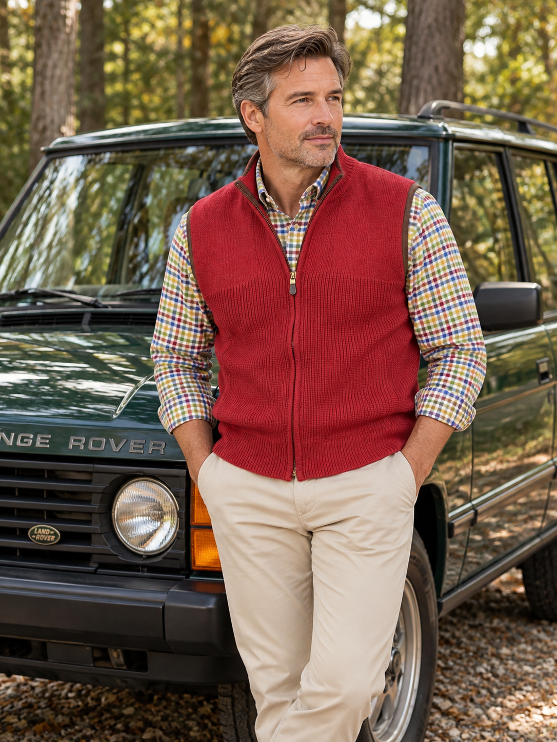 Viyella Red Full Zip Woodsman Vest with Leather Trim