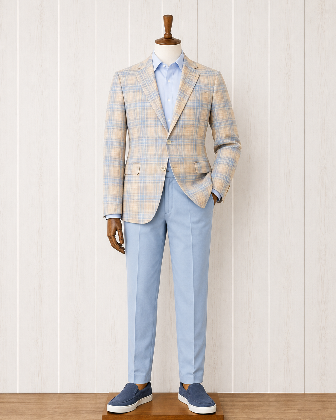 Albert and Walters Peach and Blue Plaid Wool/Silk/Cotton Classic Fit Sport Coat
