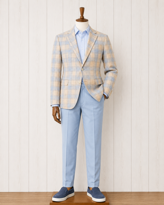 Albert and Walters Peach and Blue Plaid Wool/Silk/Cotton Classic Fit Sport Coat on sale