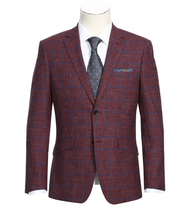 Renoir Burgundy with Blue Windowpane Notch Lapel Slim Fit Sport Coat on Clearance