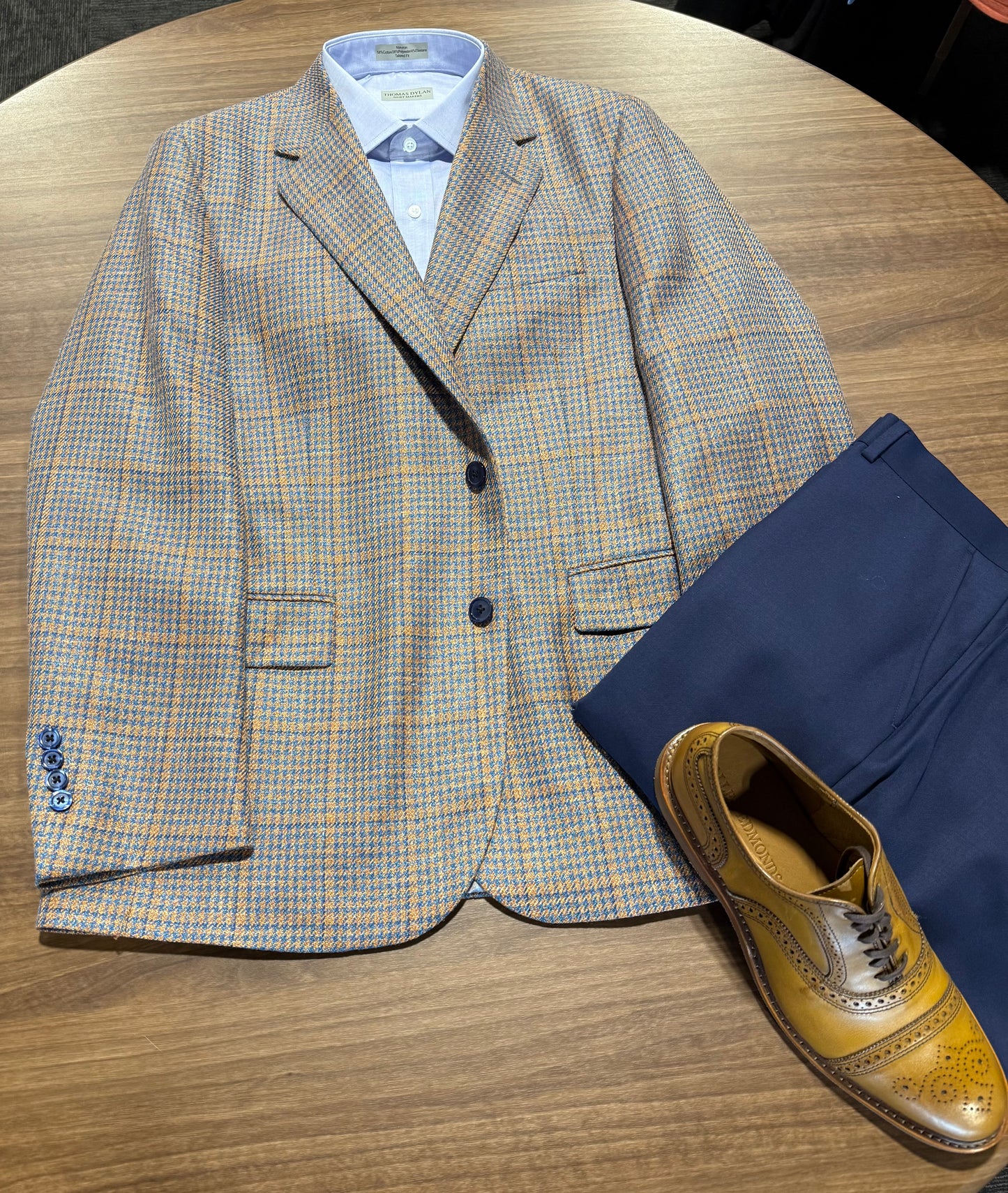Albert and Walter's Blue and Orange Houndstooth Wool, Silk and Linen Blend Classic Fit Sport Coat on sale