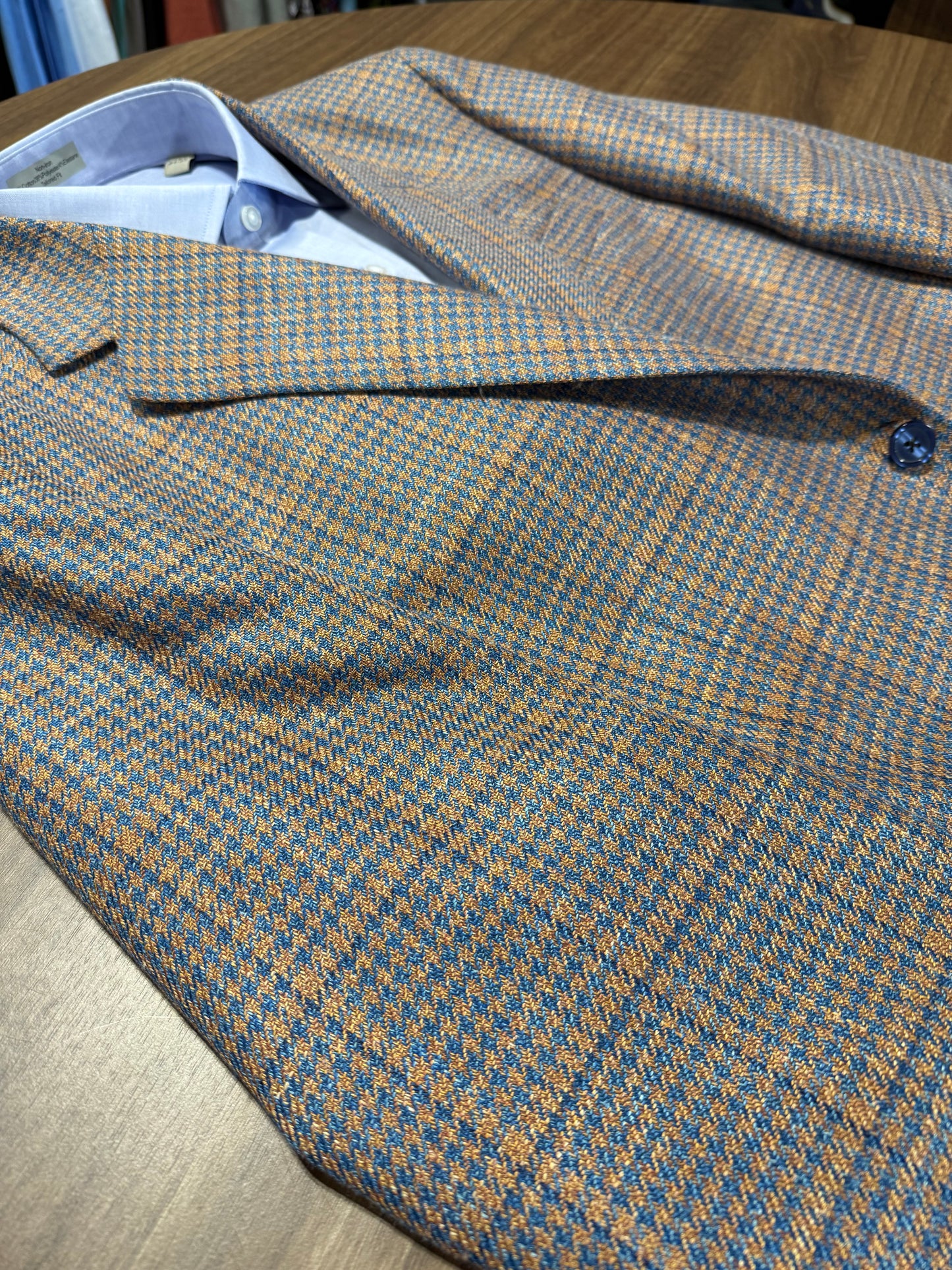 Albert and Walter's Blue and Orange Houndstooth Wool, Silk and Linen Blend Classic Fit Sport Coat on sale