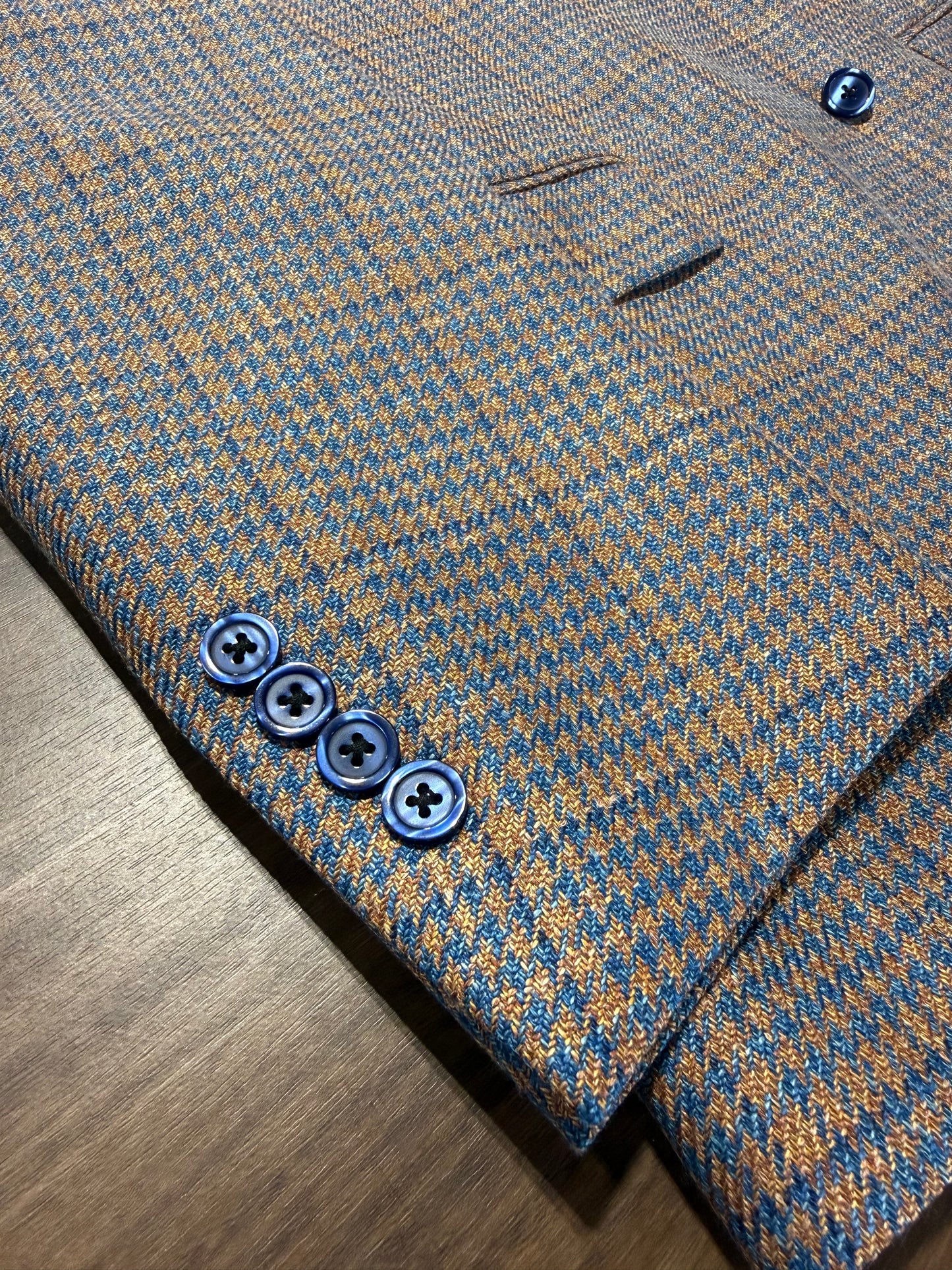 Albert and Walter's Blue and Orange Houndstooth Wool, Silk and Linen Blend Classic Fit Sport Coat on sale