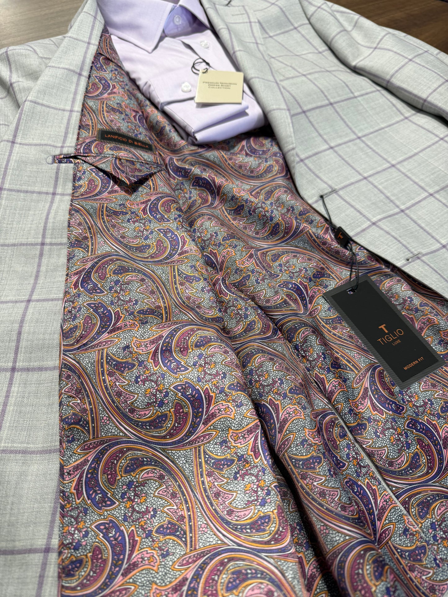 Tiglio Grey and Purple Windowpane Modern Fit Wool Sport Coat