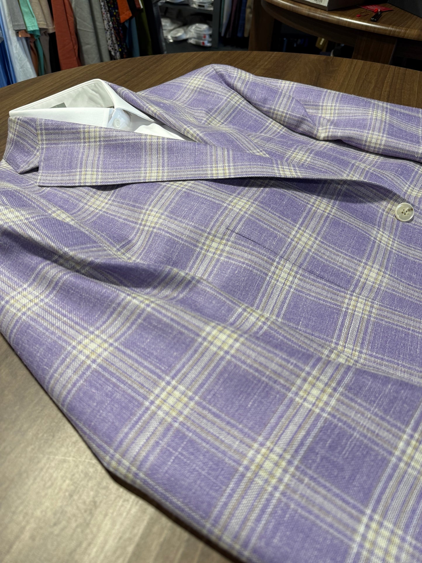 Albert and Walter's Purple and Gold Windowpane Wool, Silk and Linen Blend Notch Lapel Modern Fit Sport Coat Fabric made in Italy on sale