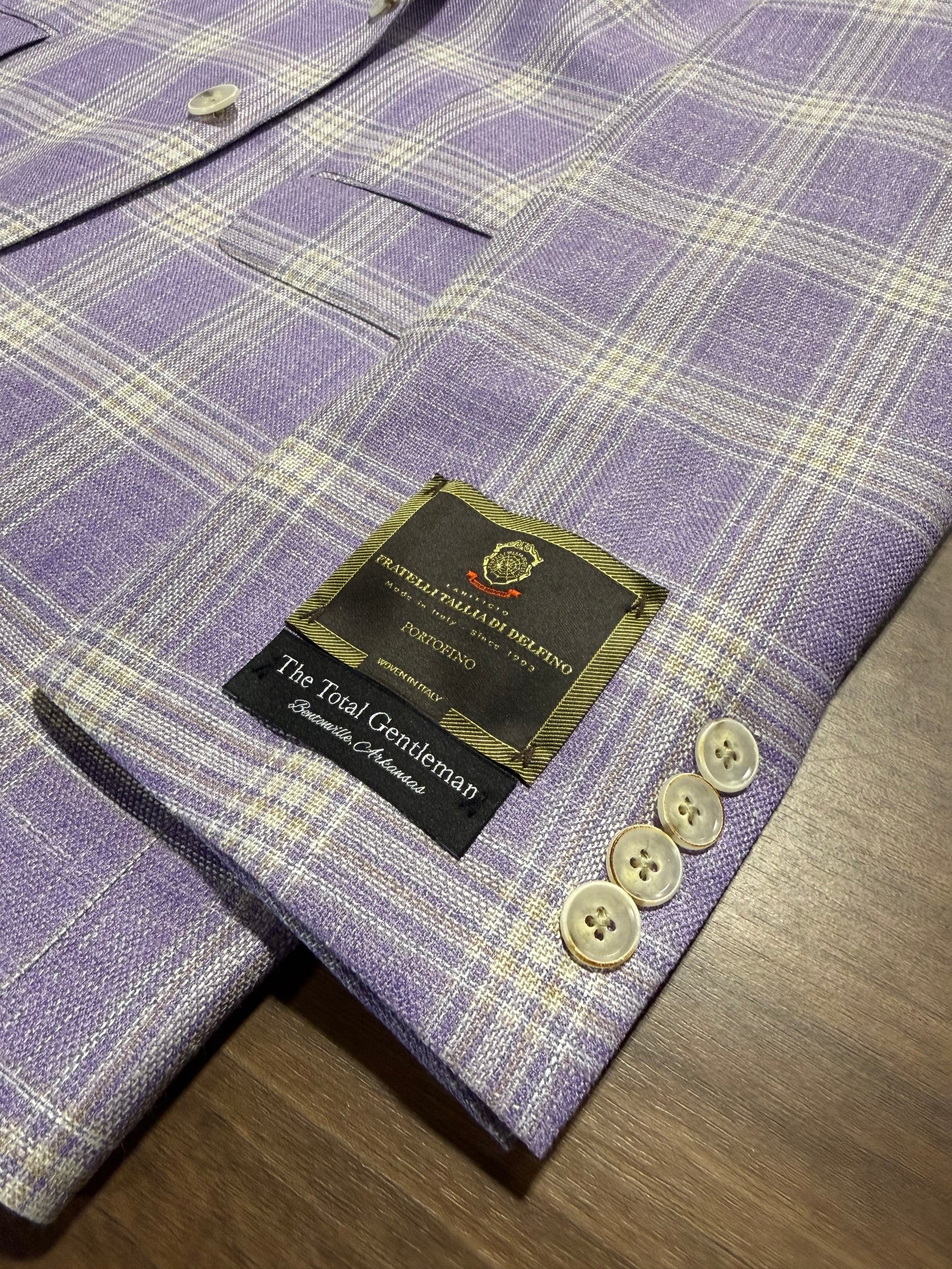 Albert and Walter's Purple and Gold Windowpane Wool, Silk and Linen Blend Notch Lapel Modern Fit Sport Coat Fabric made in Italy on sale