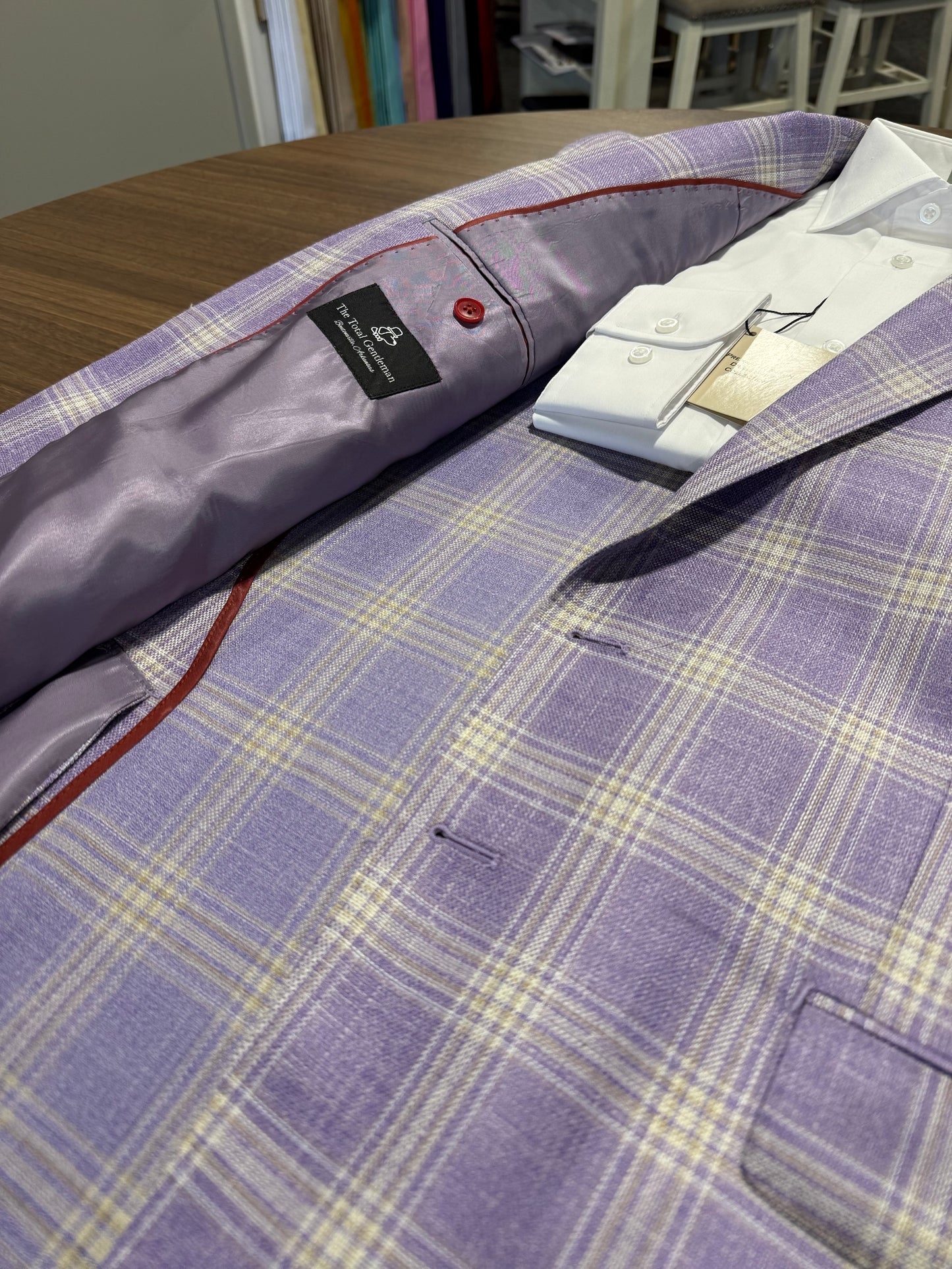 Albert and Walter's Purple and Gold Windowpane Wool, Silk and Linen Blend Notch Lapel Modern Fit Sport Coat Fabric made in Italy on sale