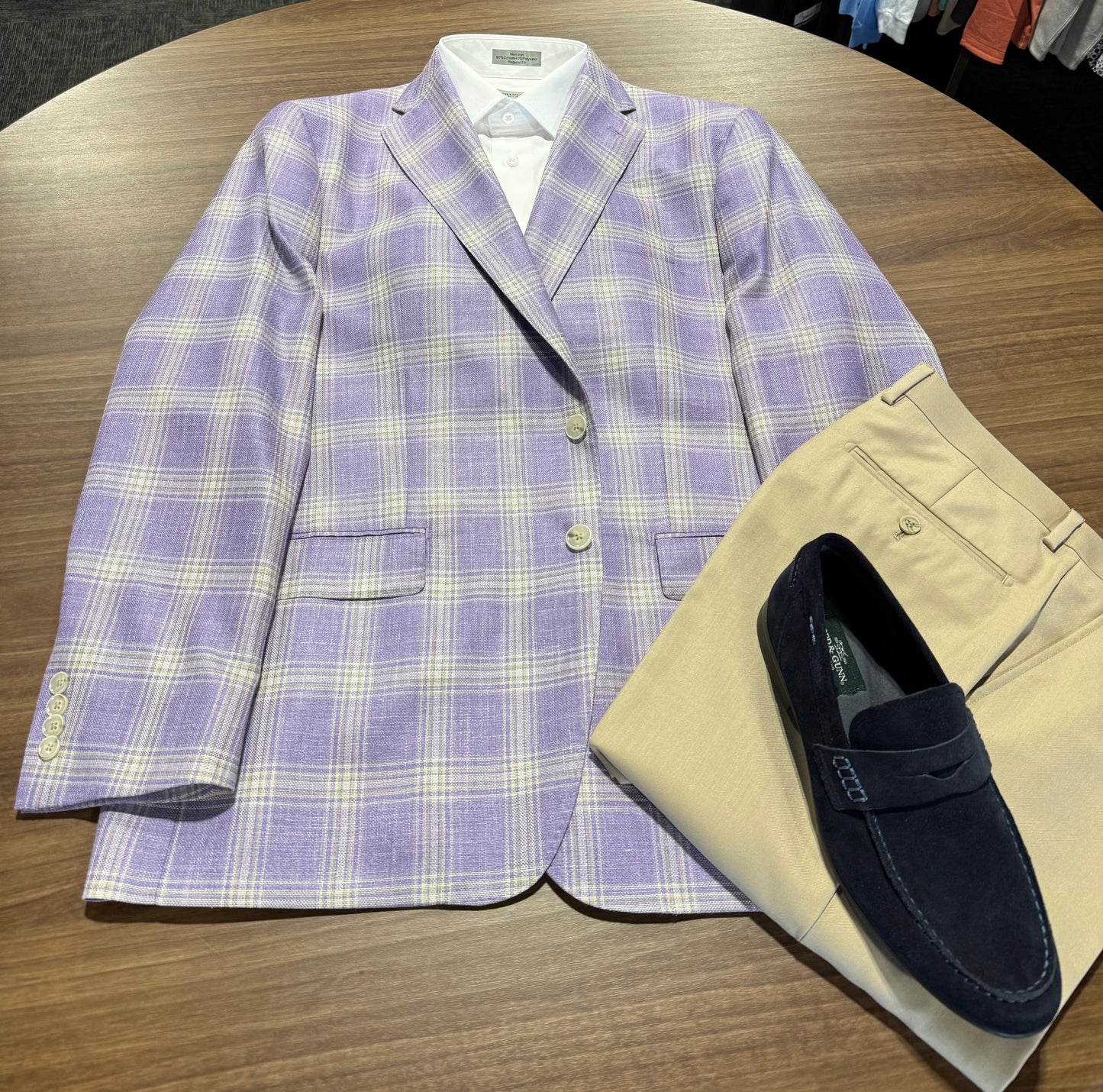 Albert and Walter's Purple and Gold Windowpane Wool, Silk and Linen Blend Notch Lapel Modern Fit Sport Coat Fabric made in Italy on sale