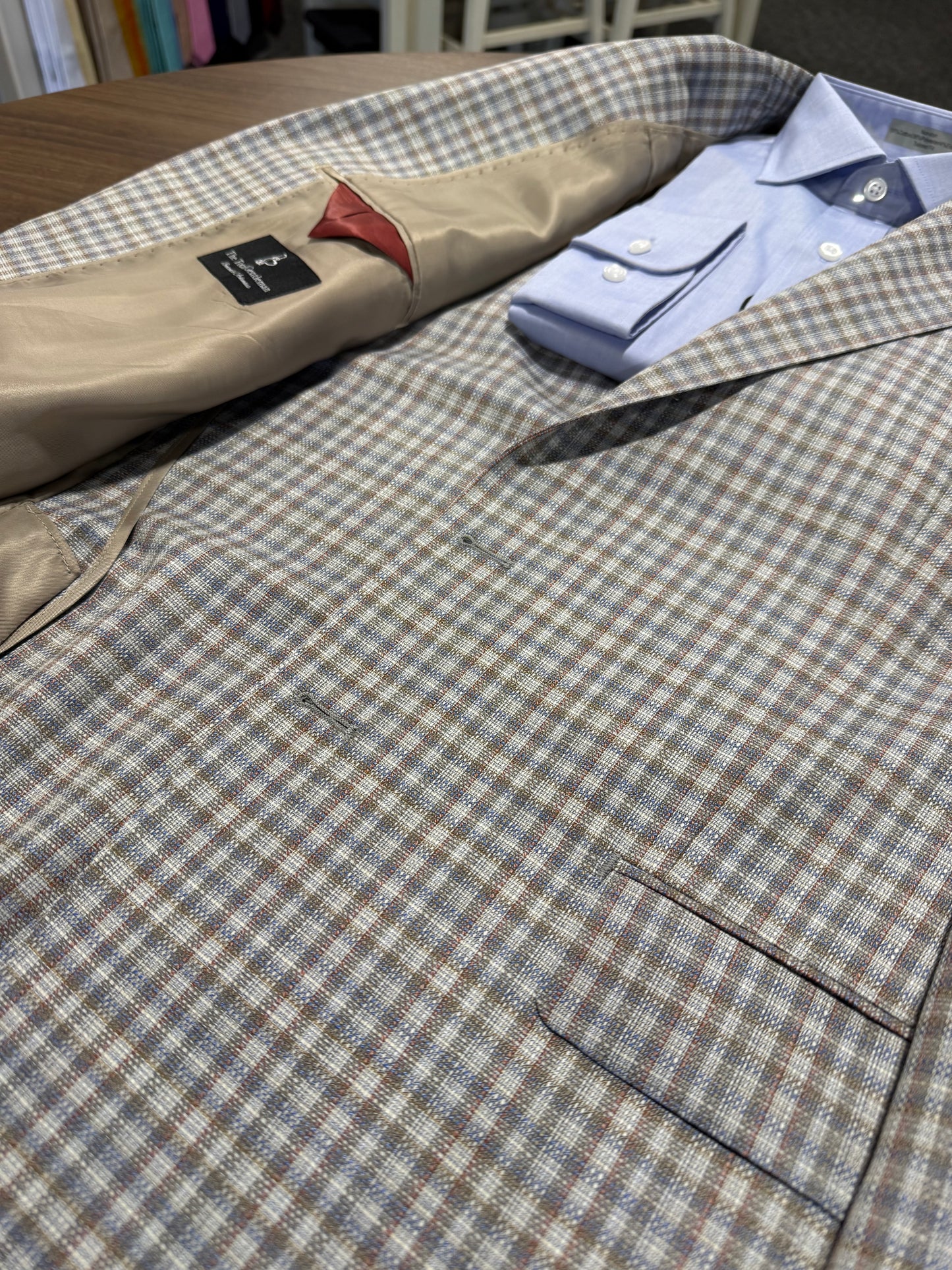 Albert and Walter's Grey, Blue and Red Check 100% Wool Sport Coat Italian Fabric from Guabello