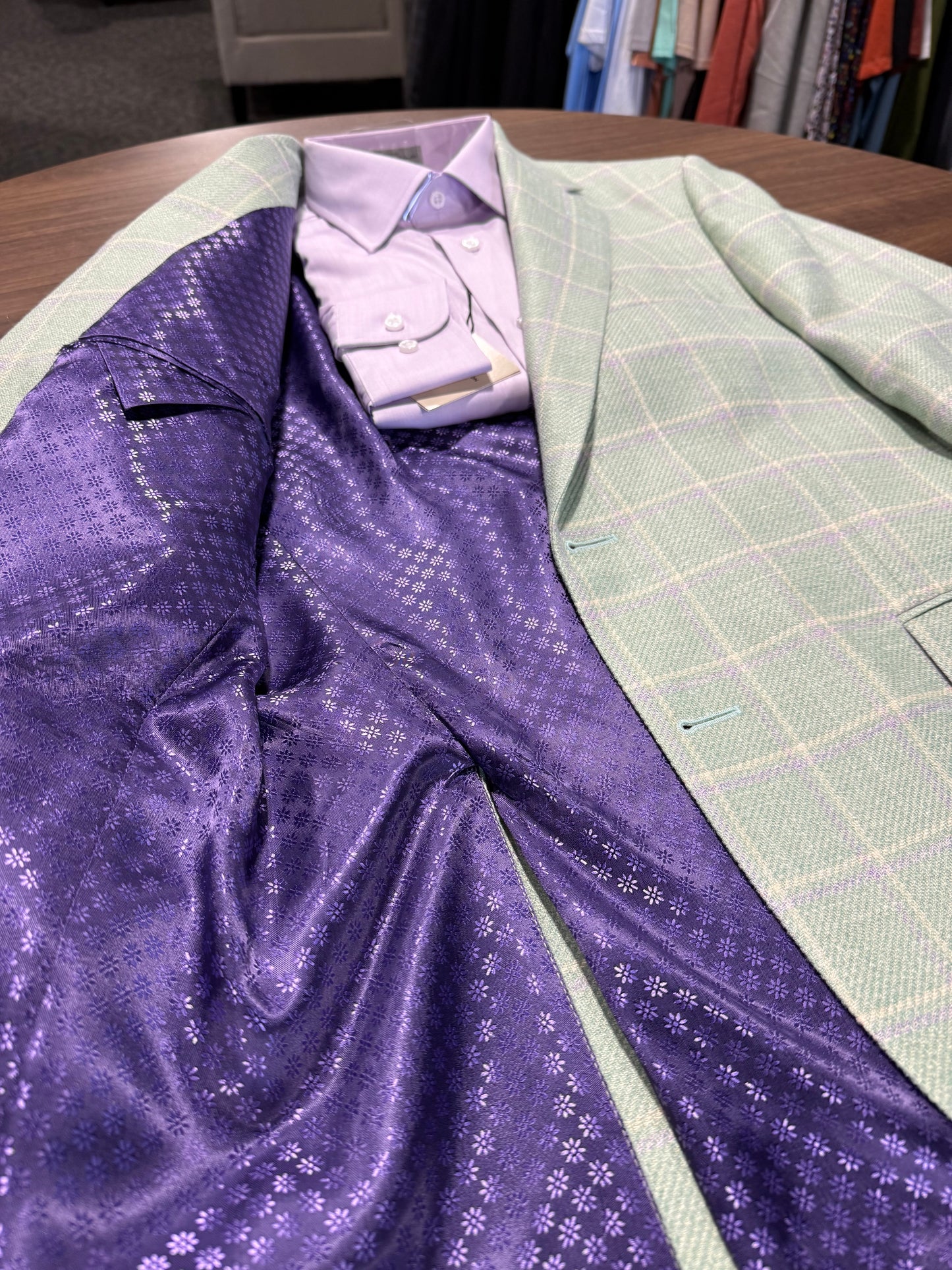 Albert and Walter's Wool, Silk and Linen blend Mint with Ecru and Lavender Windowpane Classic Fit Sport Coat from Ethomas fabric mill in Italy on sale
