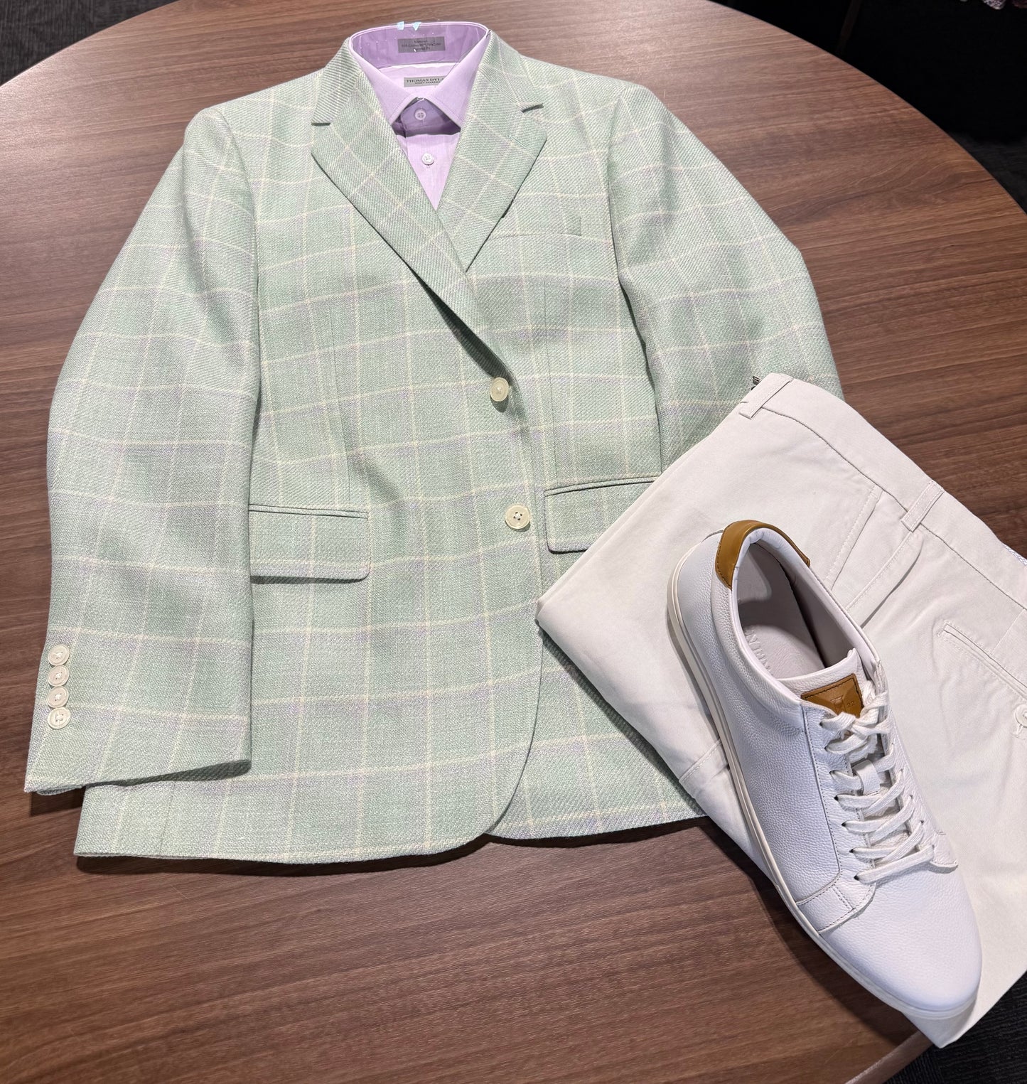 Albert and Walter's Wool, Silk and Linen blend Mint with Ecru and Lavender Windowpane Classic Fit Sport Coat from Ethomas fabric mill in Italy on sale