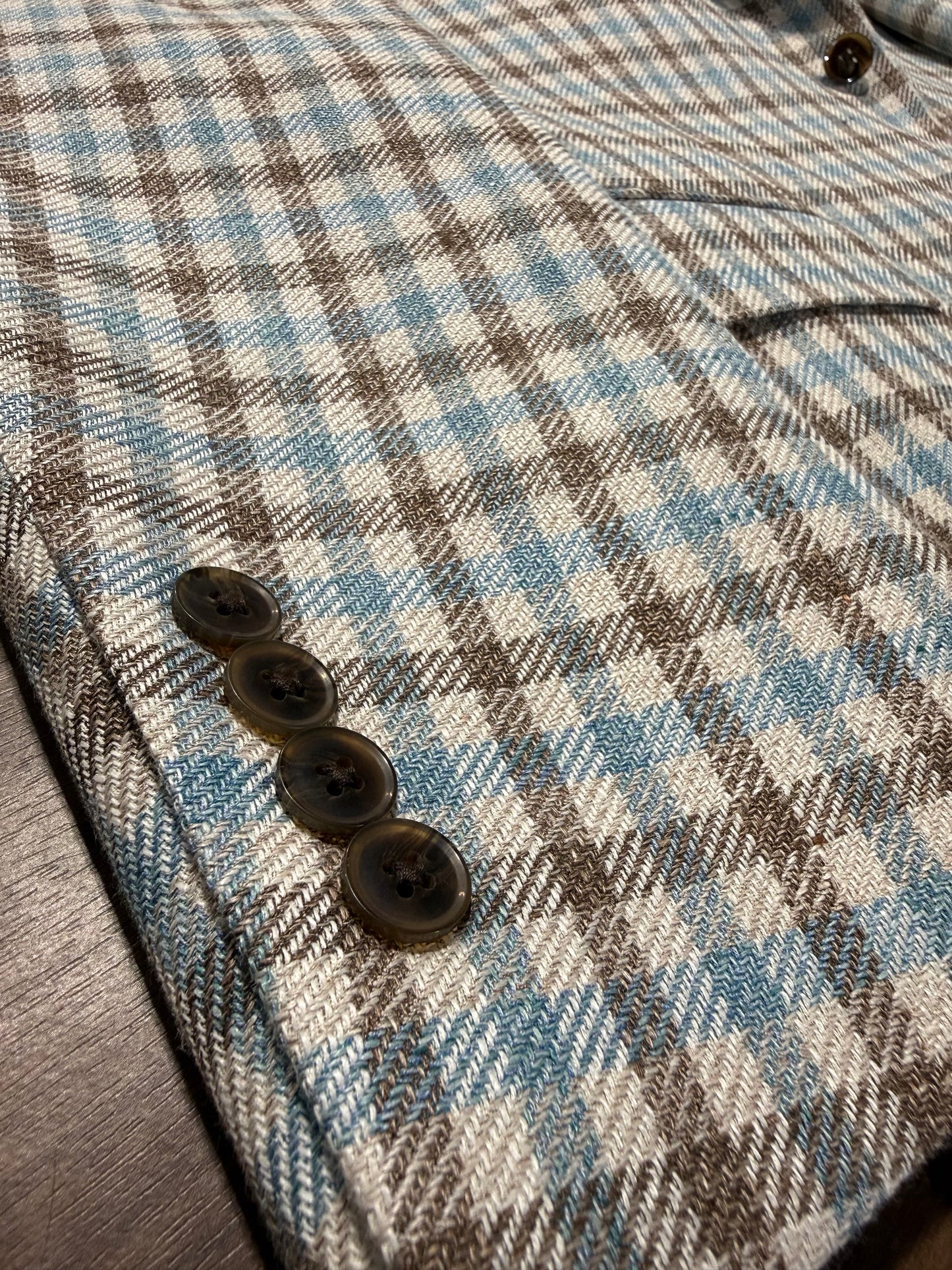 Albert and Walter's Off White, Brown and Turquois Check Linen, Silk and Cotton Blend Notch Lapel Classic Fit Sport Coat on sale