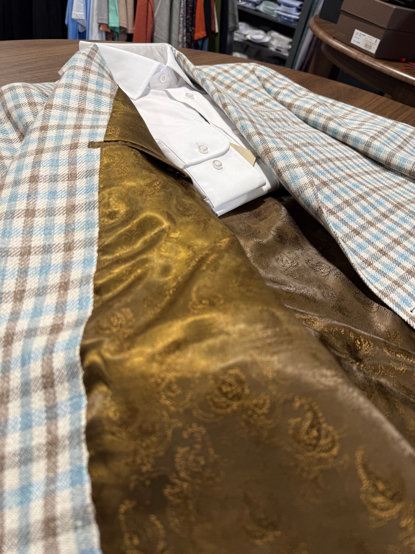 Albert and Walter's Off White, Brown and Turquois Check Linen, Silk and Cotton Blend Notch Lapel Classic Fit Sport Coat on sale