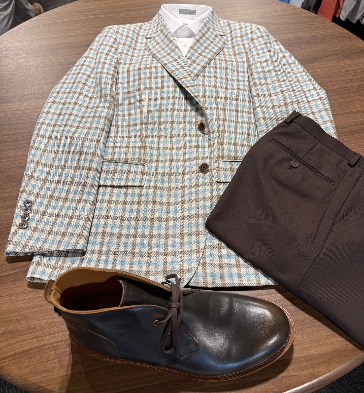 Albert and Walter's Off White, Brown and Turquois Check Linen, Silk and Cotton Blend Notch Lapel Classic Fit Sport Coat on sale