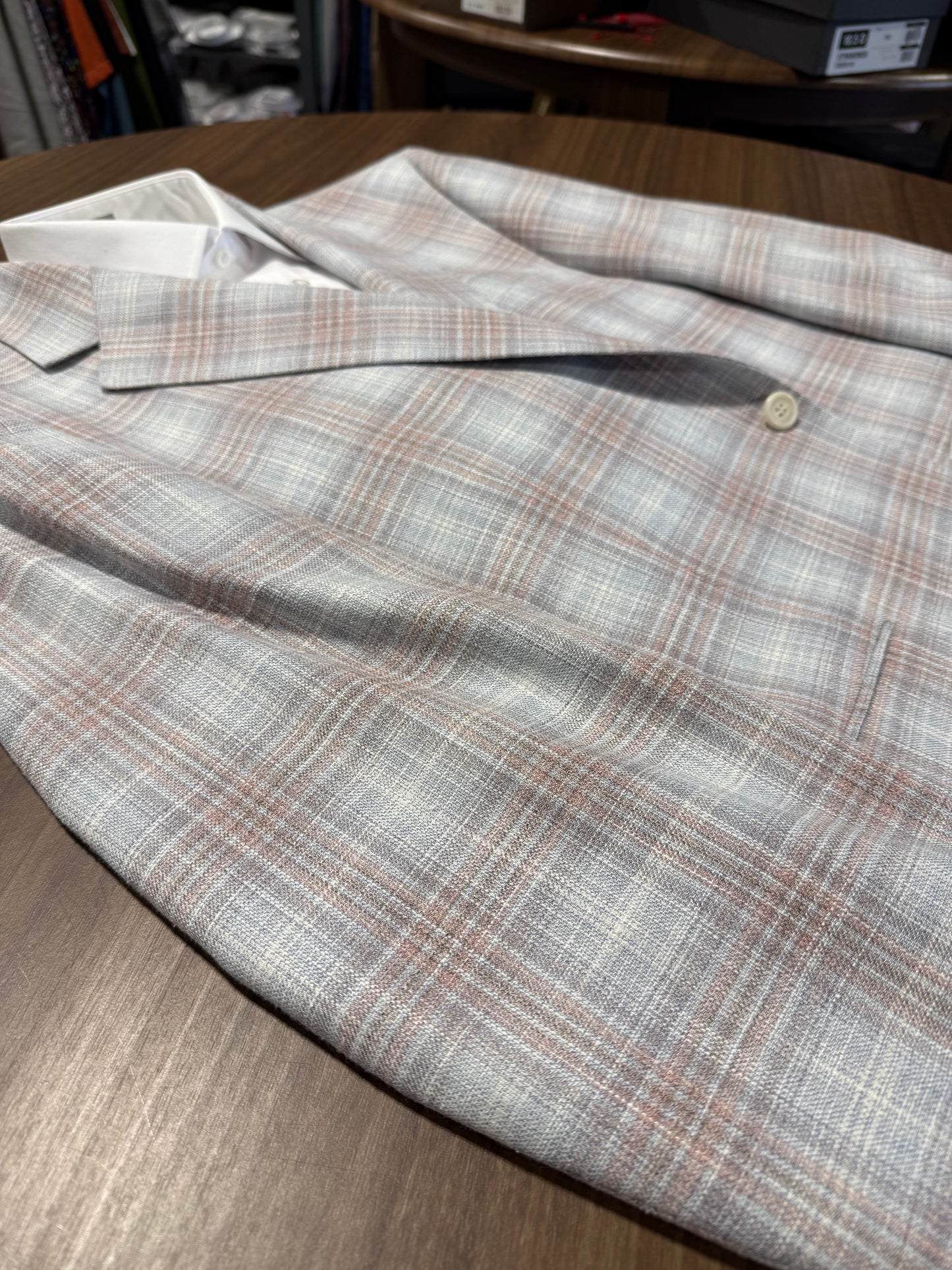 Albert and Walters Pink and Grey Plaid Wool/Silk/Cotton Classic Fit Sport Coat