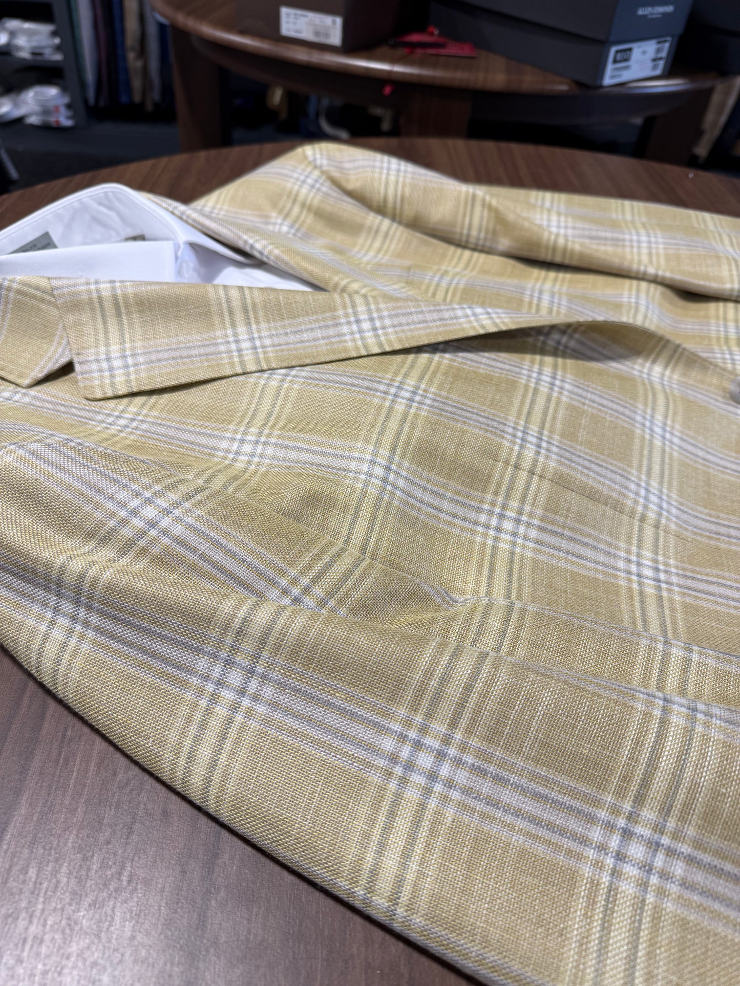 Albert and Walter's Summertime Fabric made in Italy from Wool, Silk and Linen Blend Harvest Gold and Grey Windowpane Modern Fit Sport Coat on sale