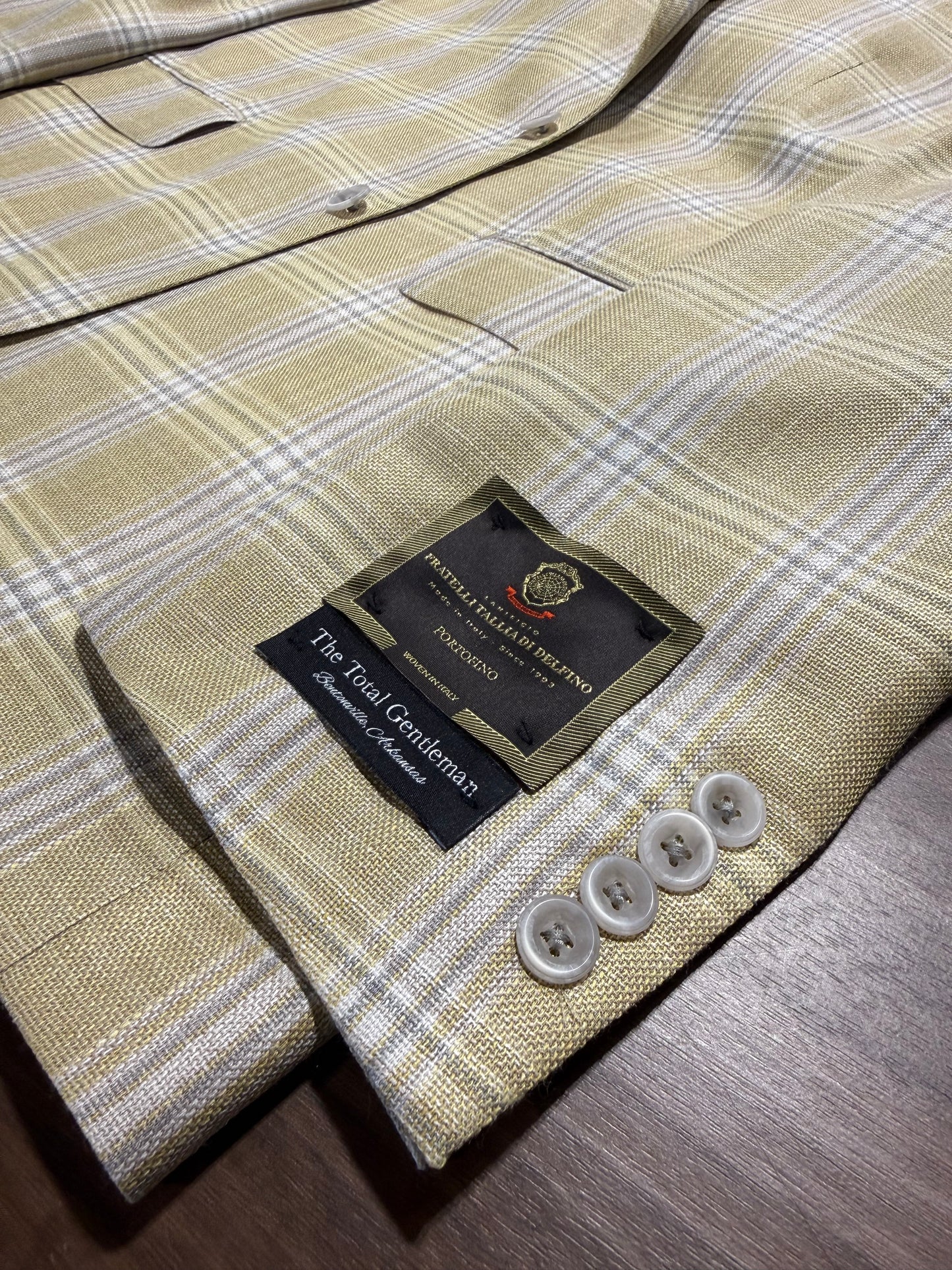 Albert and Walter's Summertime Fabric made in Italy from Wool, Silk and Linen Blend Harvest Gold and Grey Windowpane Modern Fit Sport Coat on sale