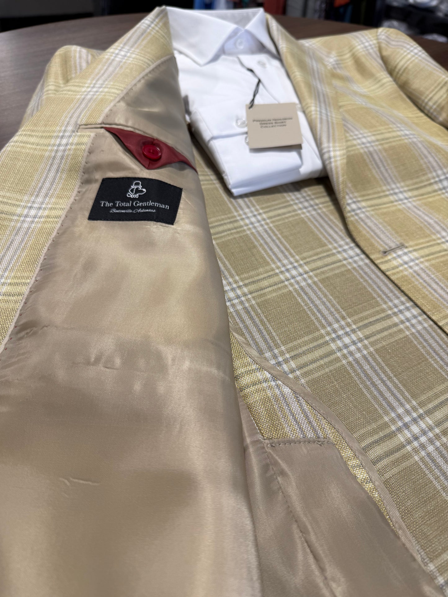 Albert and Walter's Summertime Fabric made in Italy from Wool, Silk and Linen Blend Harvest Gold and Grey Windowpane Modern Fit Sport Coat on sale