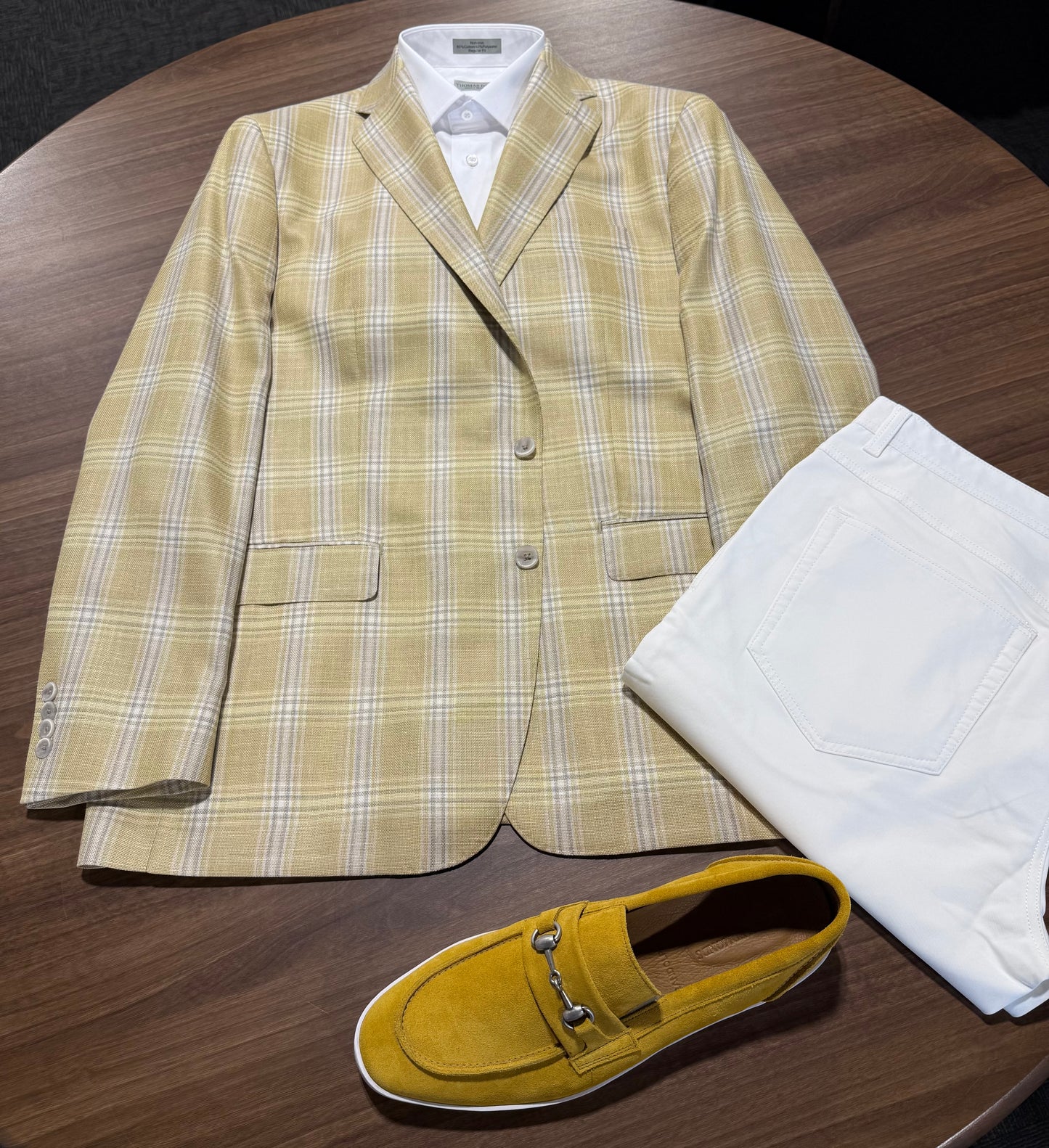 Albert and Walter's Summertime Fabric made in Italy from Wool, Silk and Linen Blend Harvest Gold and Grey Windowpane Modern Fit Sport Coat on sale
