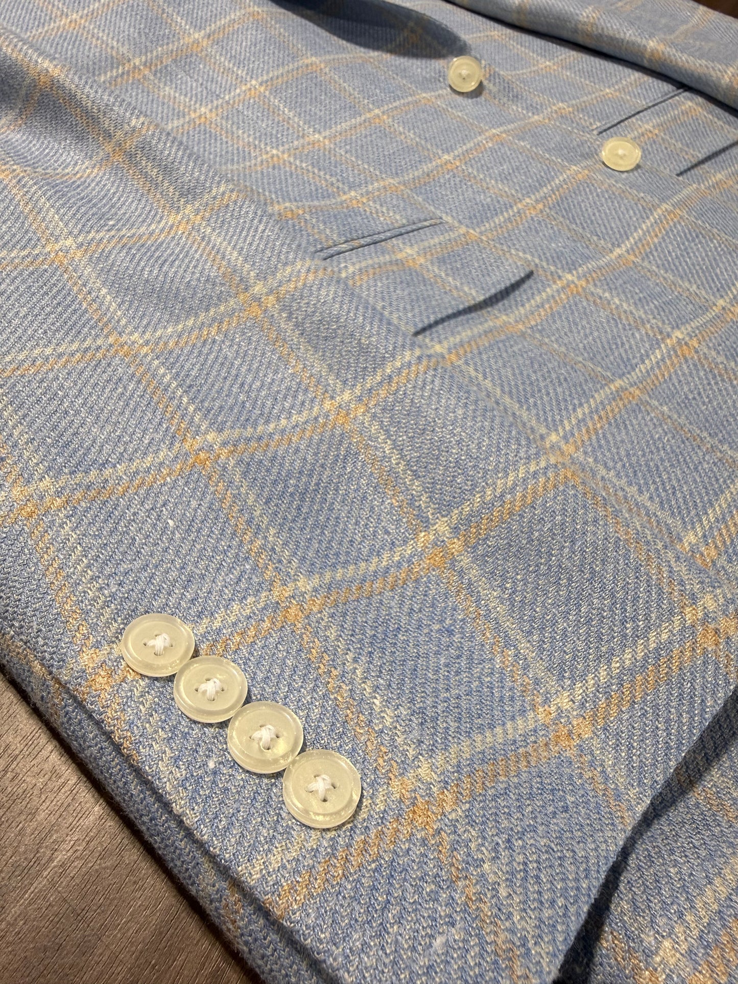 Albert and Walters Summertime EThomas Italian Wool, Silk and Linen Blend Blue Windowpane Sport Coat Classic Fit on sale