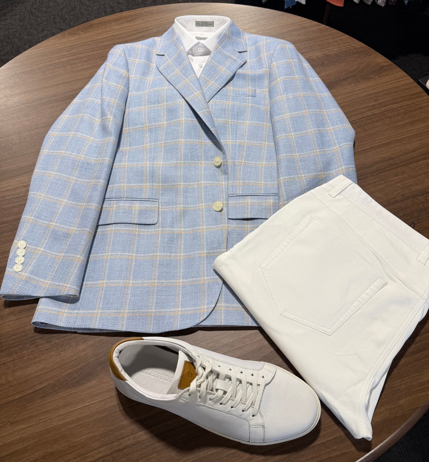 Albert and Walters Summertime EThomas Italian Wool, Silk and Linen Blend Blue Windowpane Sport Coat Classic Fit on sale