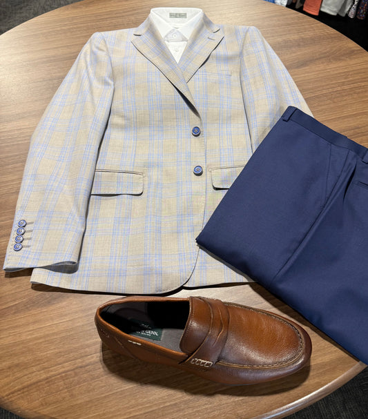 Tiglio Modern Fit Tan and Blue Plaid Sport Coat