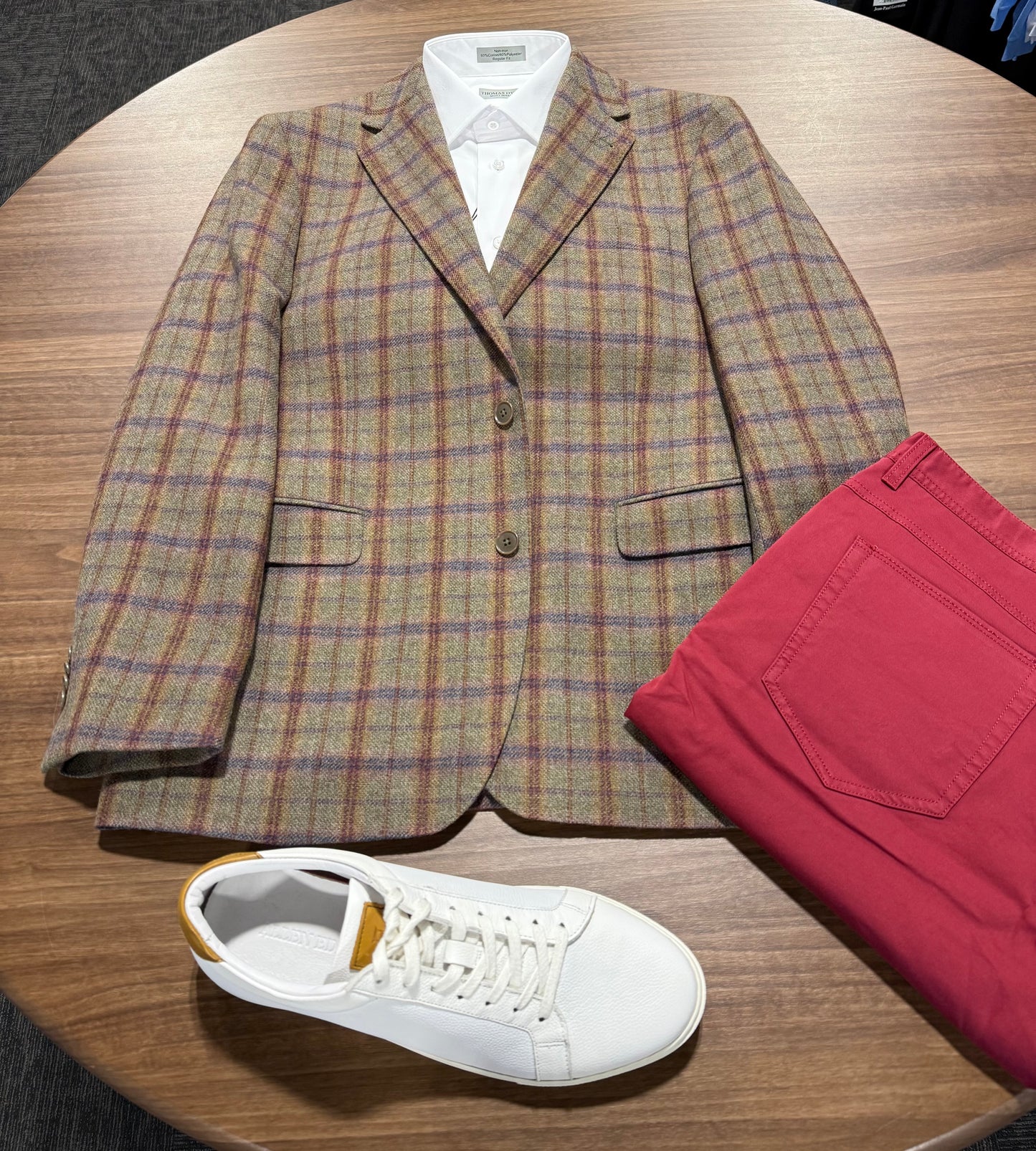Giles and Jasper Modern Fit Olive Navy Burgundy Windowpane Sport Coat on sale