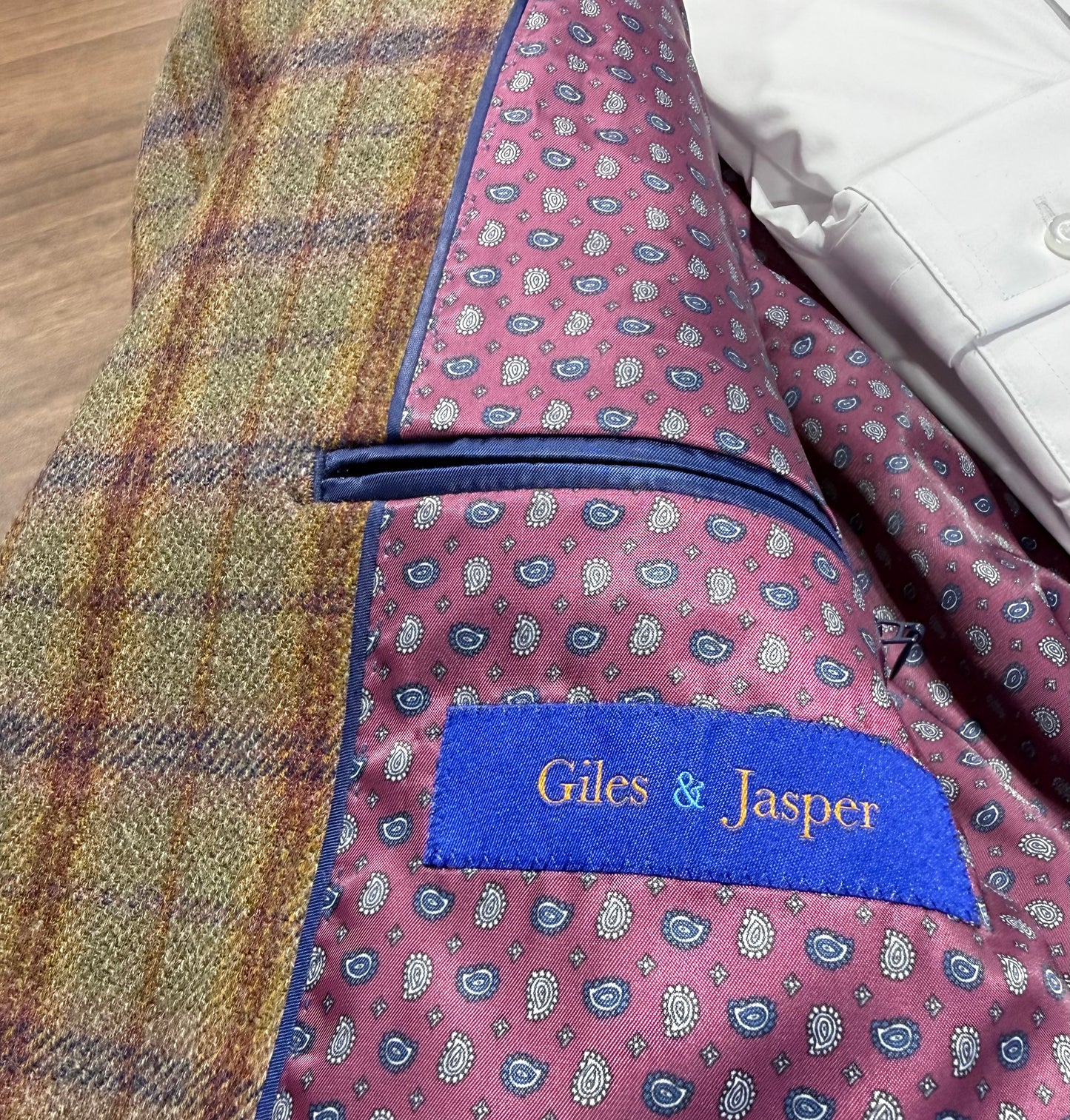 Giles and Jasper Modern Fit Olive Navy Burgundy Windowpane Sport Coat on sale