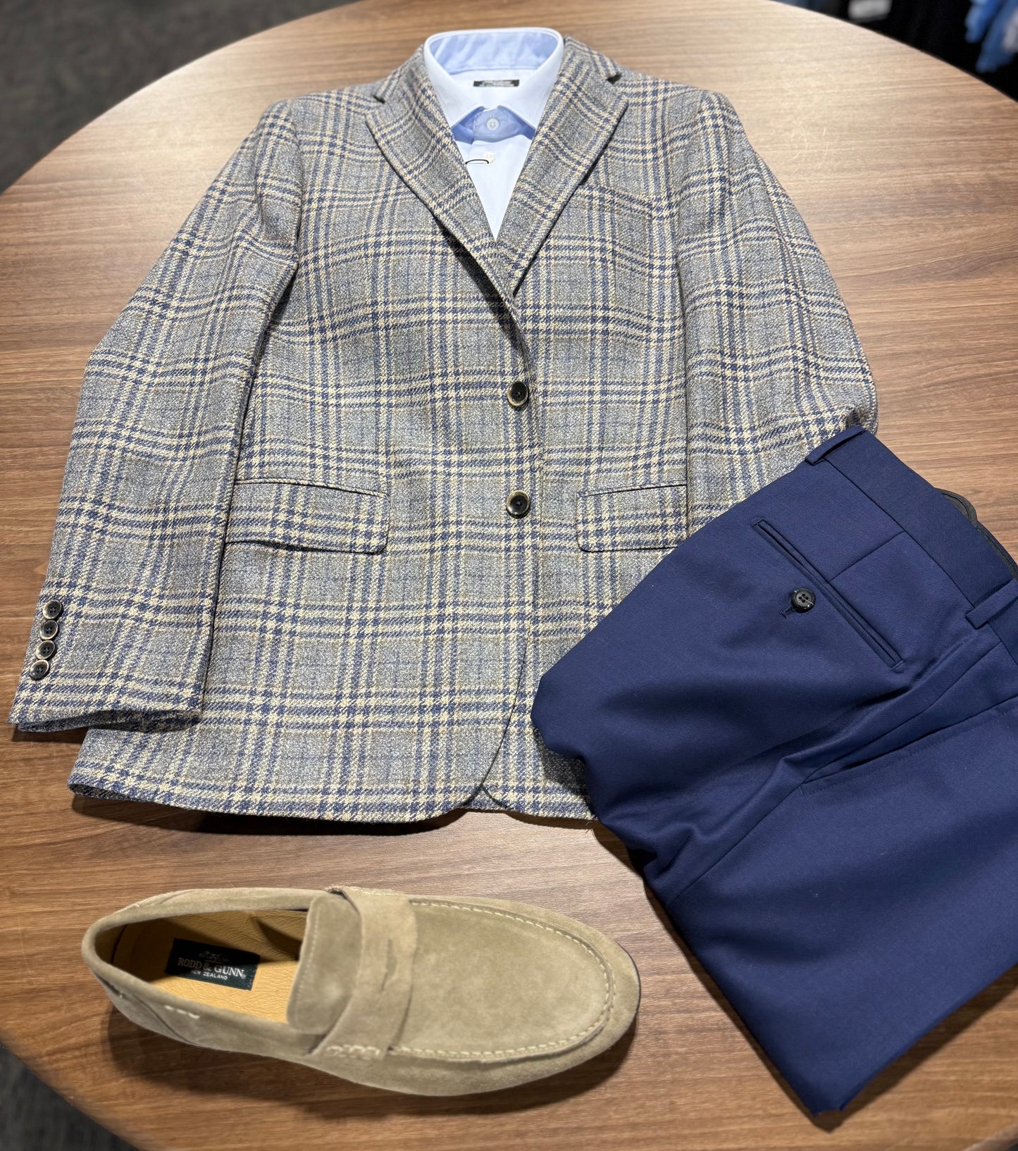 TG Signature Series Fall 2025 Grey, Navy and Taupe Windowpane Cashmere Blend Sport Coat on sale