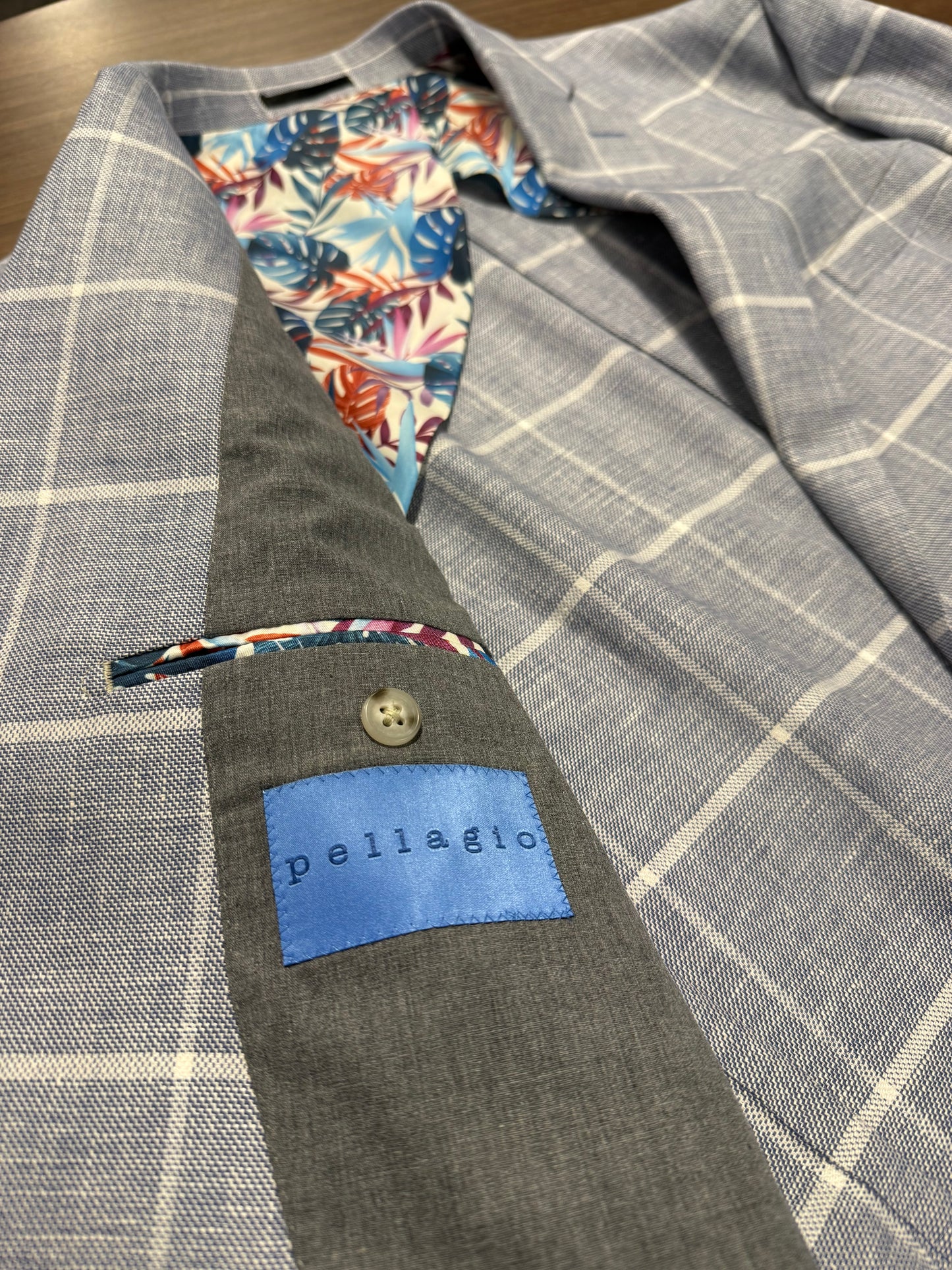 Pellagio Navy and White Windowpane Slim Fit Linen and Cotton Blend Sport Coat