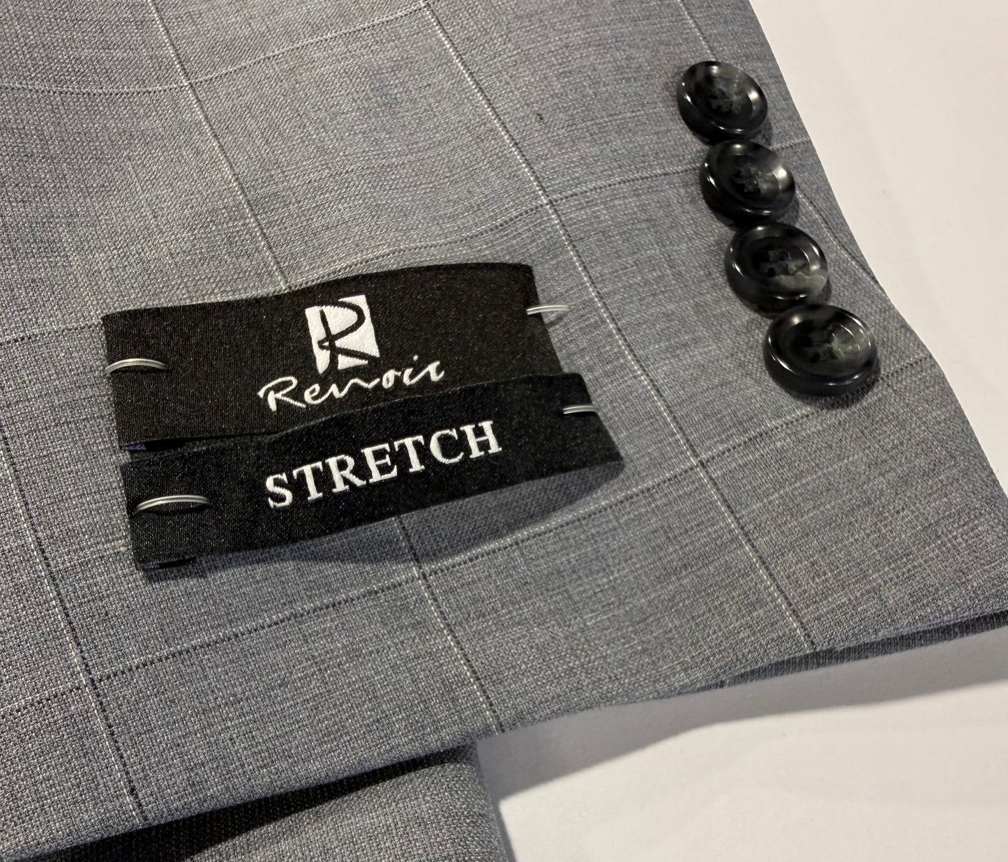 Renoir Slim Fit Wool Blend Light Grey Windowpane Stretch Suit