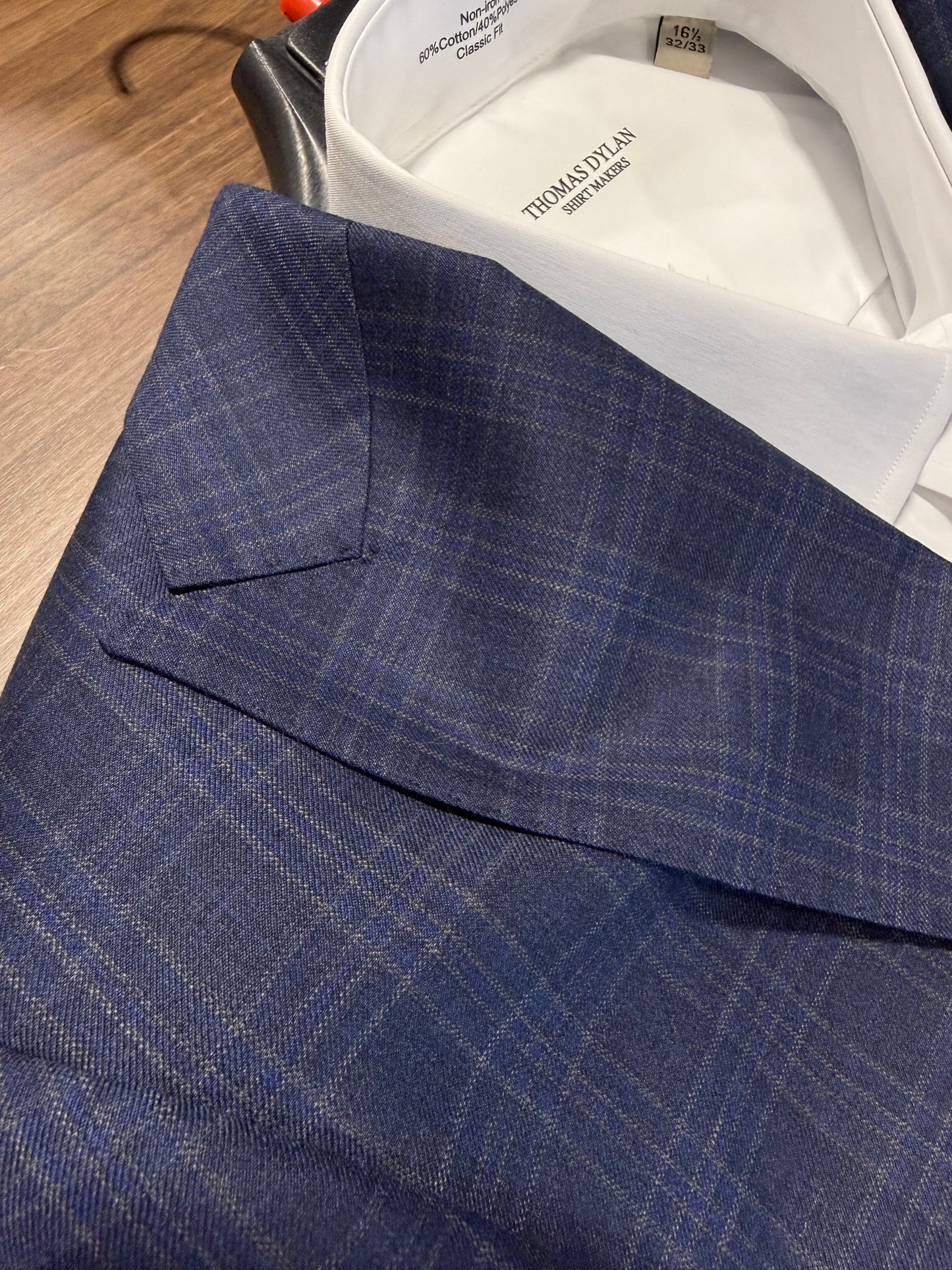 English Laundry Peak Lapel Navy, Blue and Taupe Windowpane Slim Fit Suit
