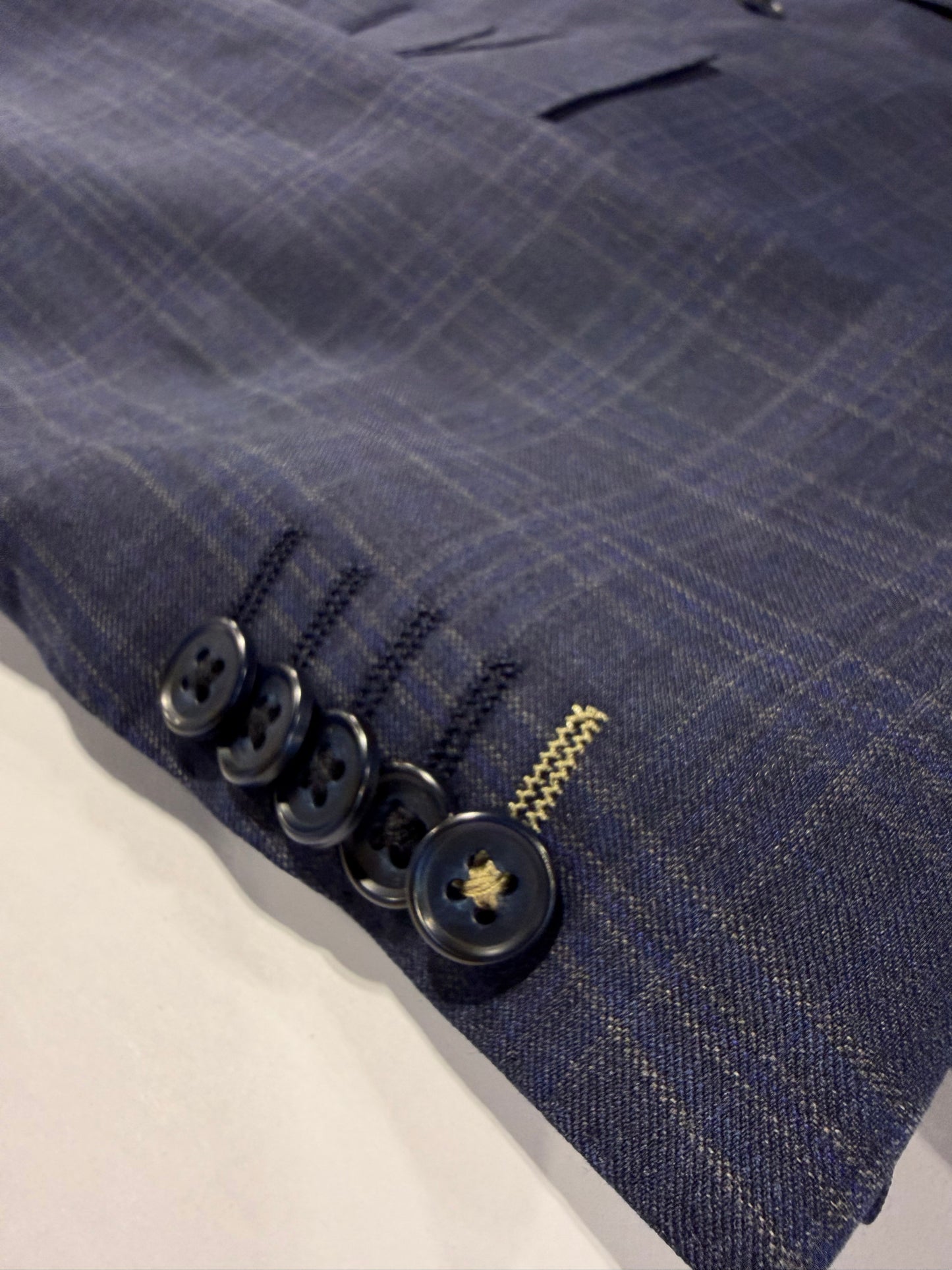 English Laundry Peak Lapel Navy, Blue and Taupe Windowpane Slim Fit Suit
