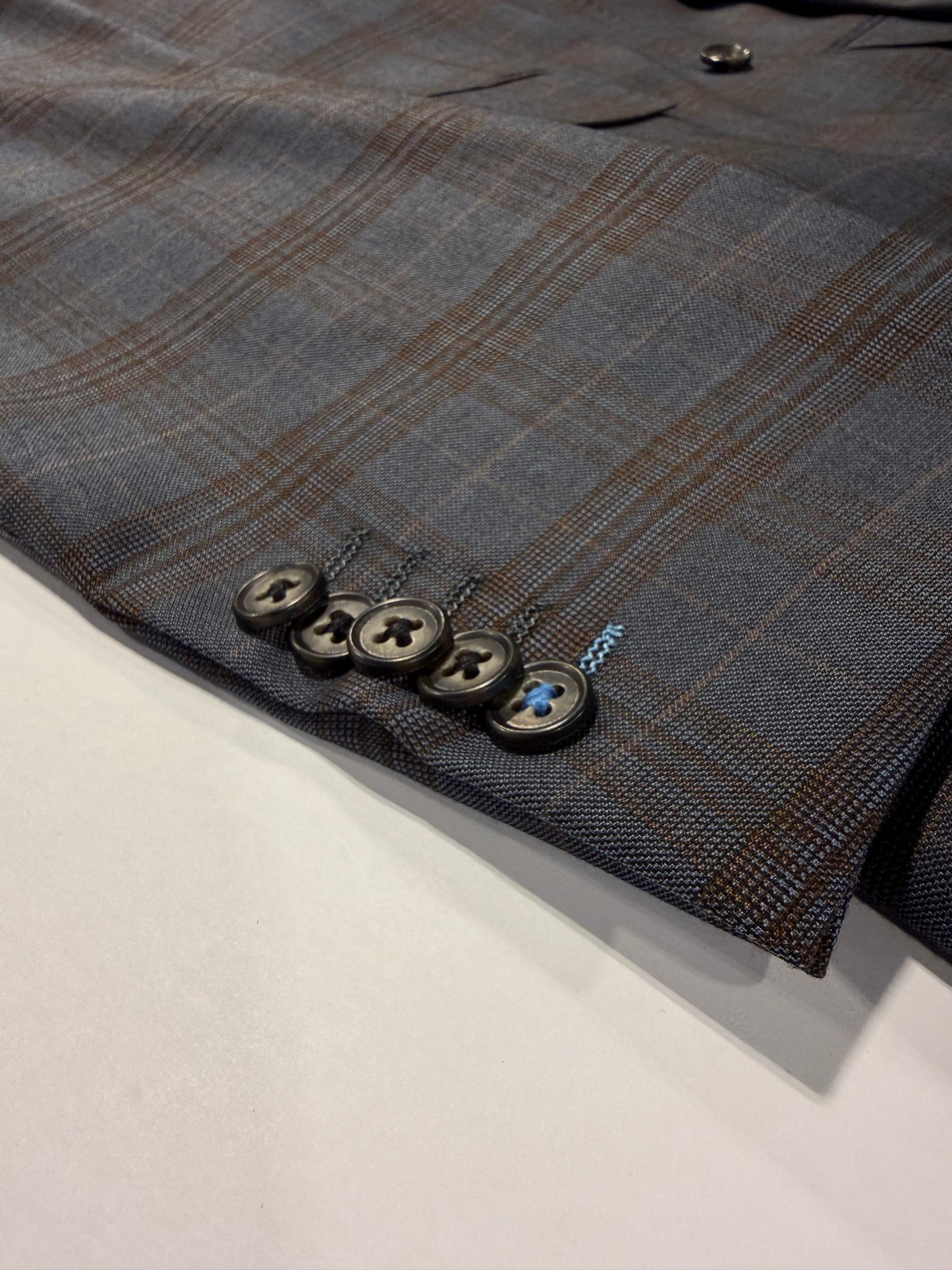 English Laundry Steel Blue and Brown Plaid Notch Lapel Suit