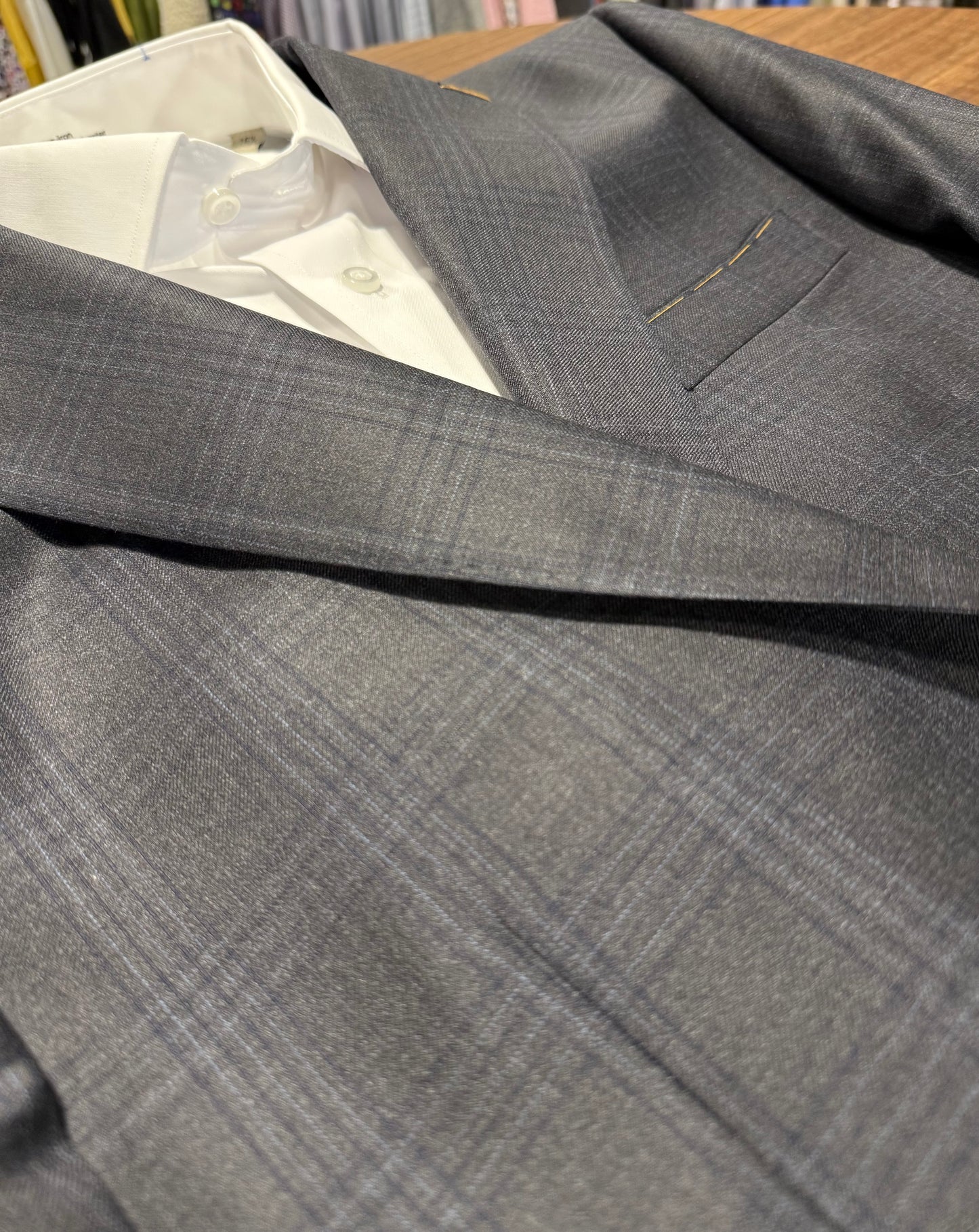 Dray Scott Charcoal and Navy Plaid Notch Lapel Suit Reda Fabric from Italy