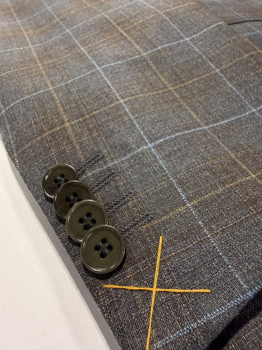 Dray Scott Grey, Light Blue and Bronze Plaid Notch Lapel Suit Reda Fabric from Italy