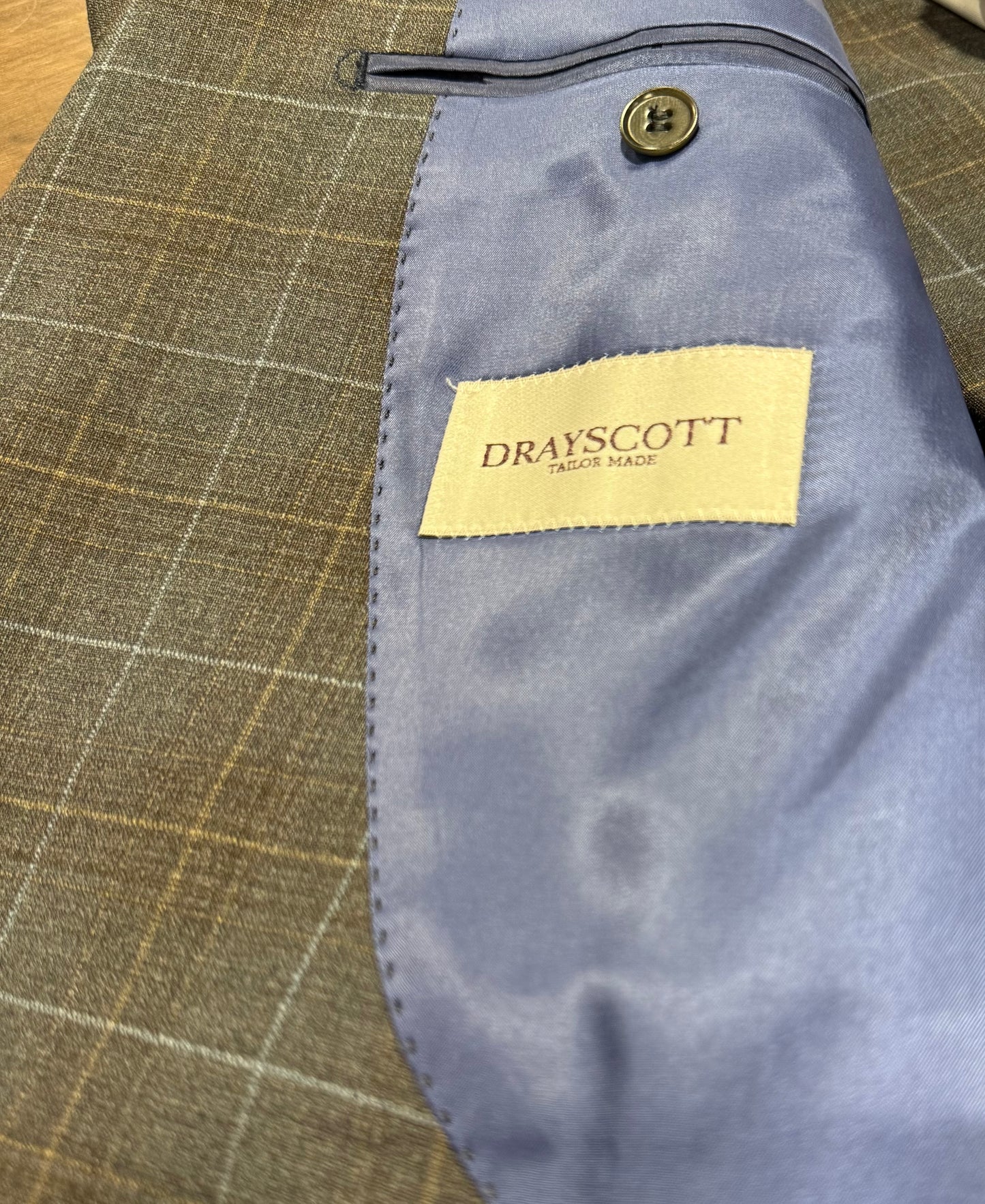 Dray Scott Grey, Light Blue and Bronze Plaid Notch Lapel Suit Reda Fabric from Italy
