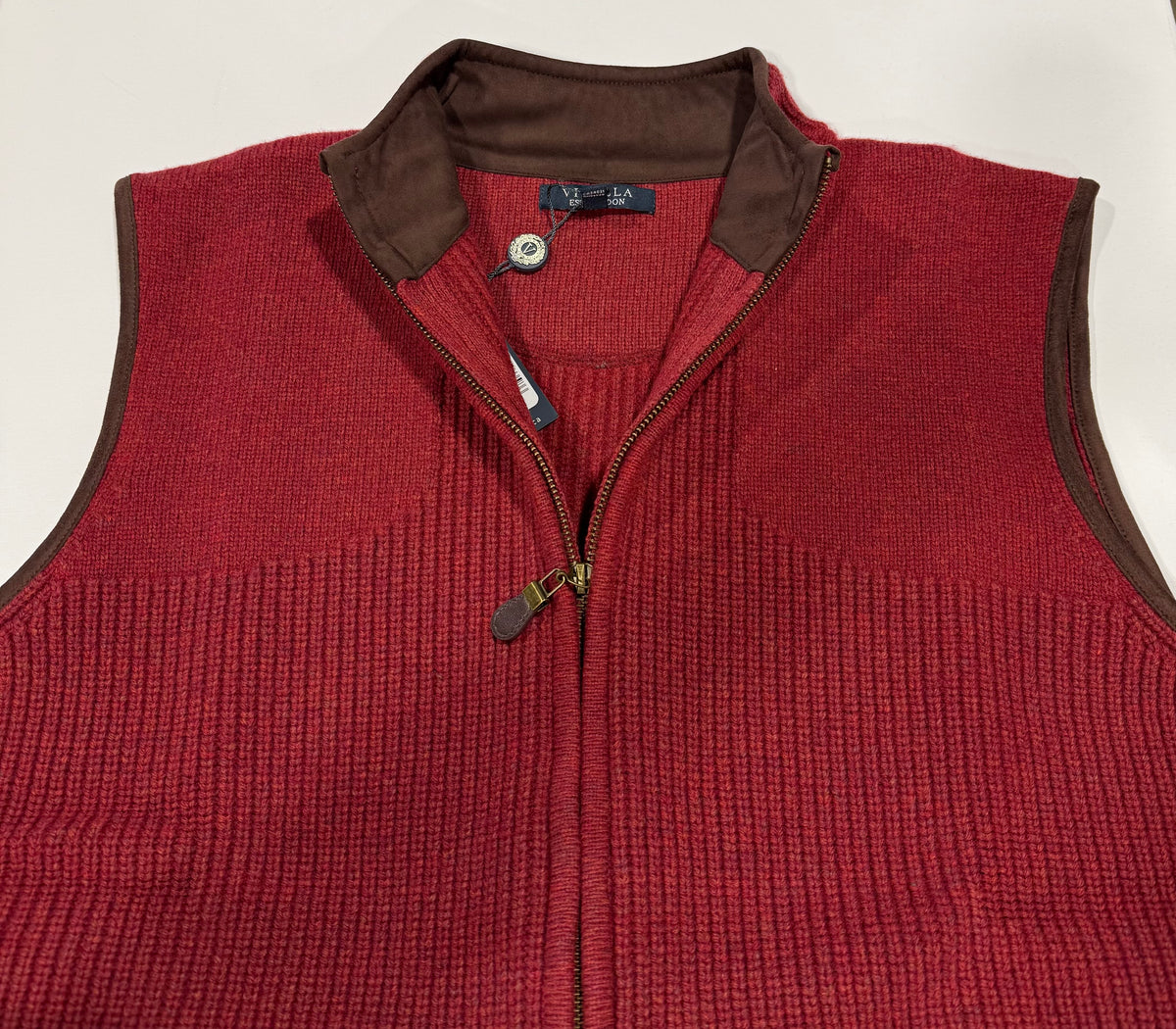 Viyella Red Full Zip Woodsman Vest with Leather Trim