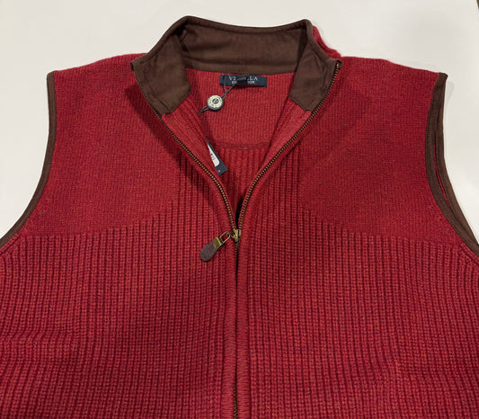 Viyella Red Full Zip Woodsman Vest with Leather Trim