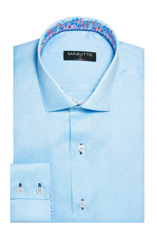 Masutto Light Blue Royal Long Sleeve Linen Shirt on clearance