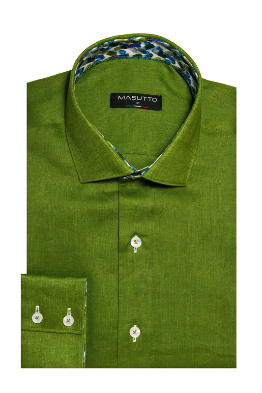 Masutto Olive Samuel Long Sleeve Linen Shirt on clearance