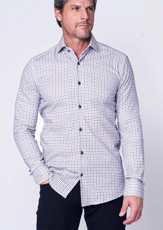 7 Downie St. 50LS White, Rust and Blue Slim Fit LS Sport Shirt