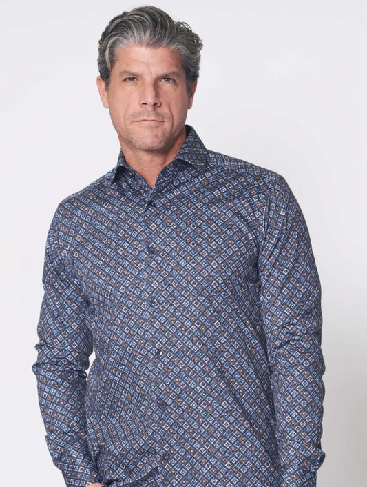 7 Downie St. 136A LS Navy, Copper, Turquois and White Diamond LS Slim Fit Shirt