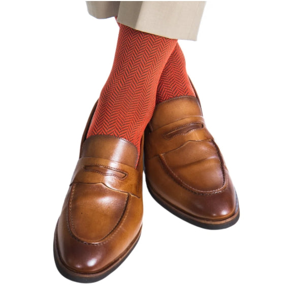 Dapper Classics Forest Green and Tigerlily Orange Herringbone Socks