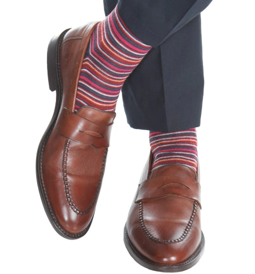 Dapper Classics Navy with Brown/Yolk/Red and White Stripes Socks