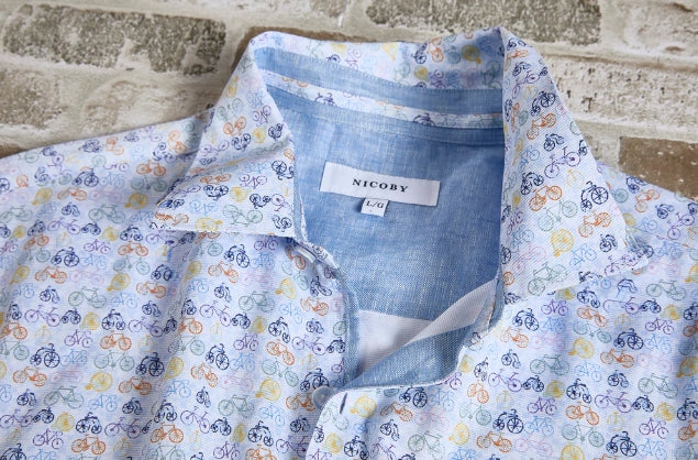 Nicoby Textured Short Sleeve Button up with Bicycles Stretch Printed Shirt