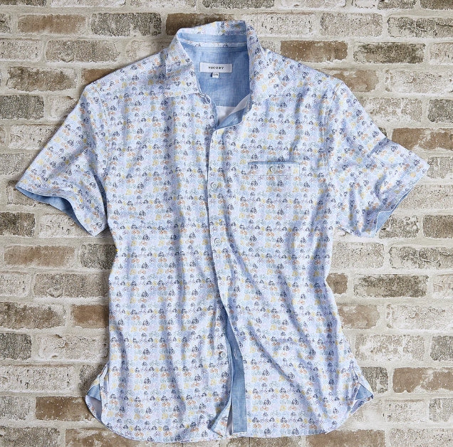 Nicoby Textured Short Sleeve Button up with Bicycles Stretch Printed Shirt